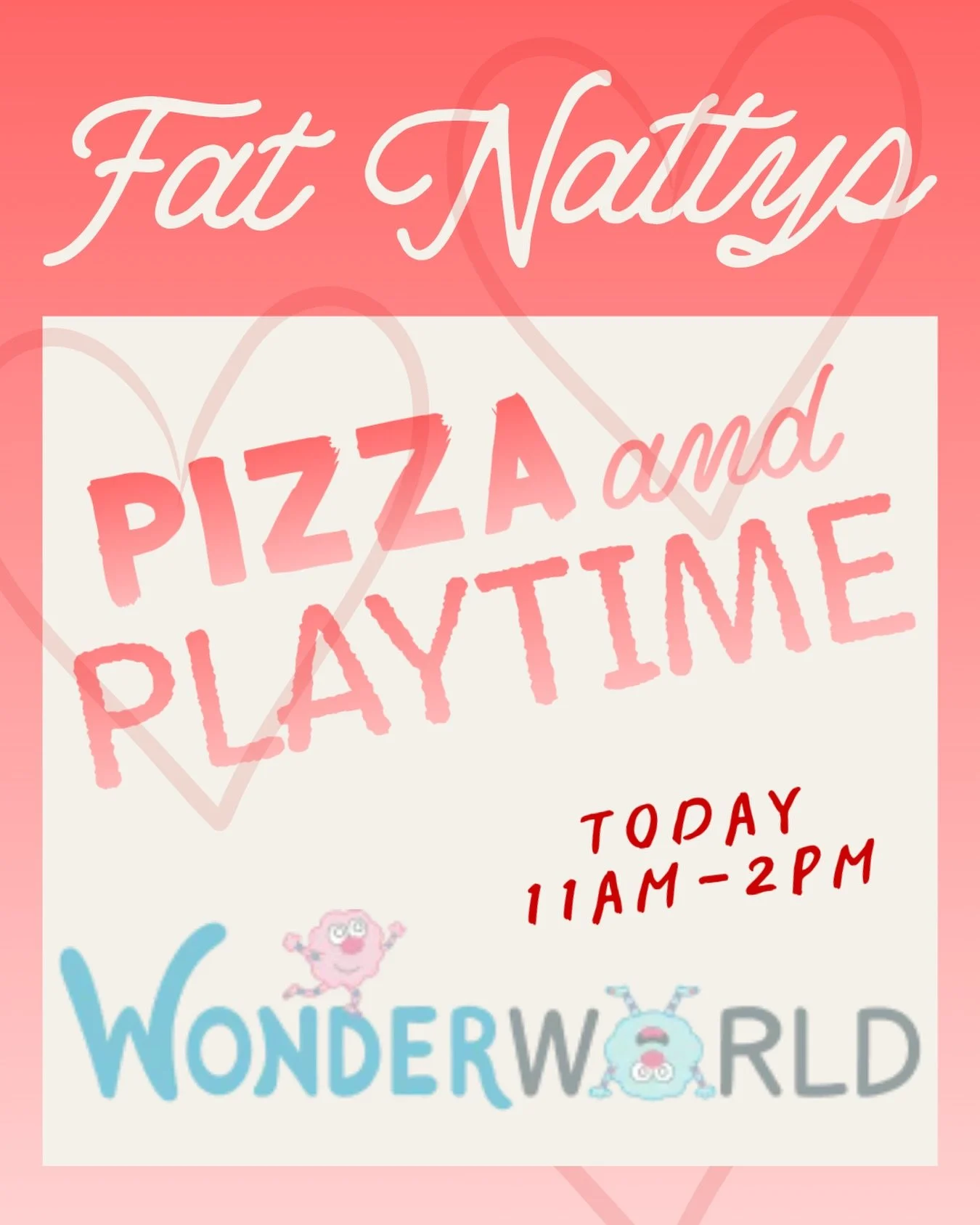 Join us today at @wonderworld_playground for their Family Valentines Party! There will be crafts, treats, open play and more for you and your children (under 8). 

We&rsquo;ll have a limited menu of pizza for purchase on site!