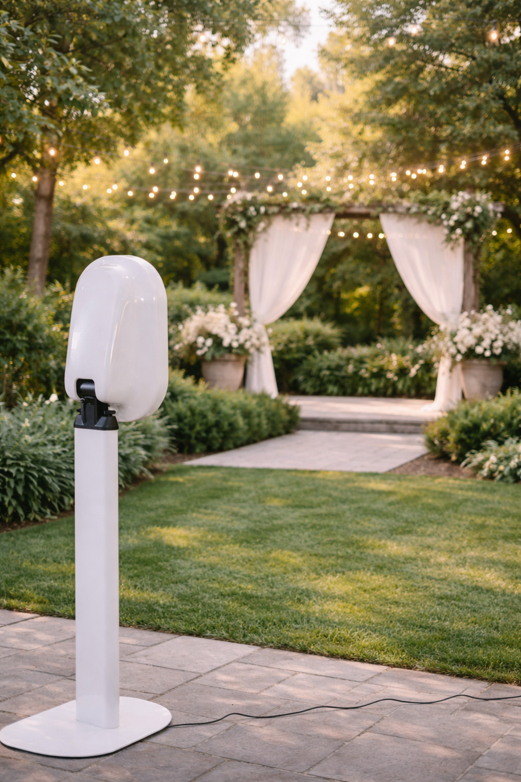 A round dining table set with upside-down wine glasses, pens, and a ceramic bowl, with chairs around it, in front of a large wooden wall with a partition and a sensor or camera mounted on the wall.