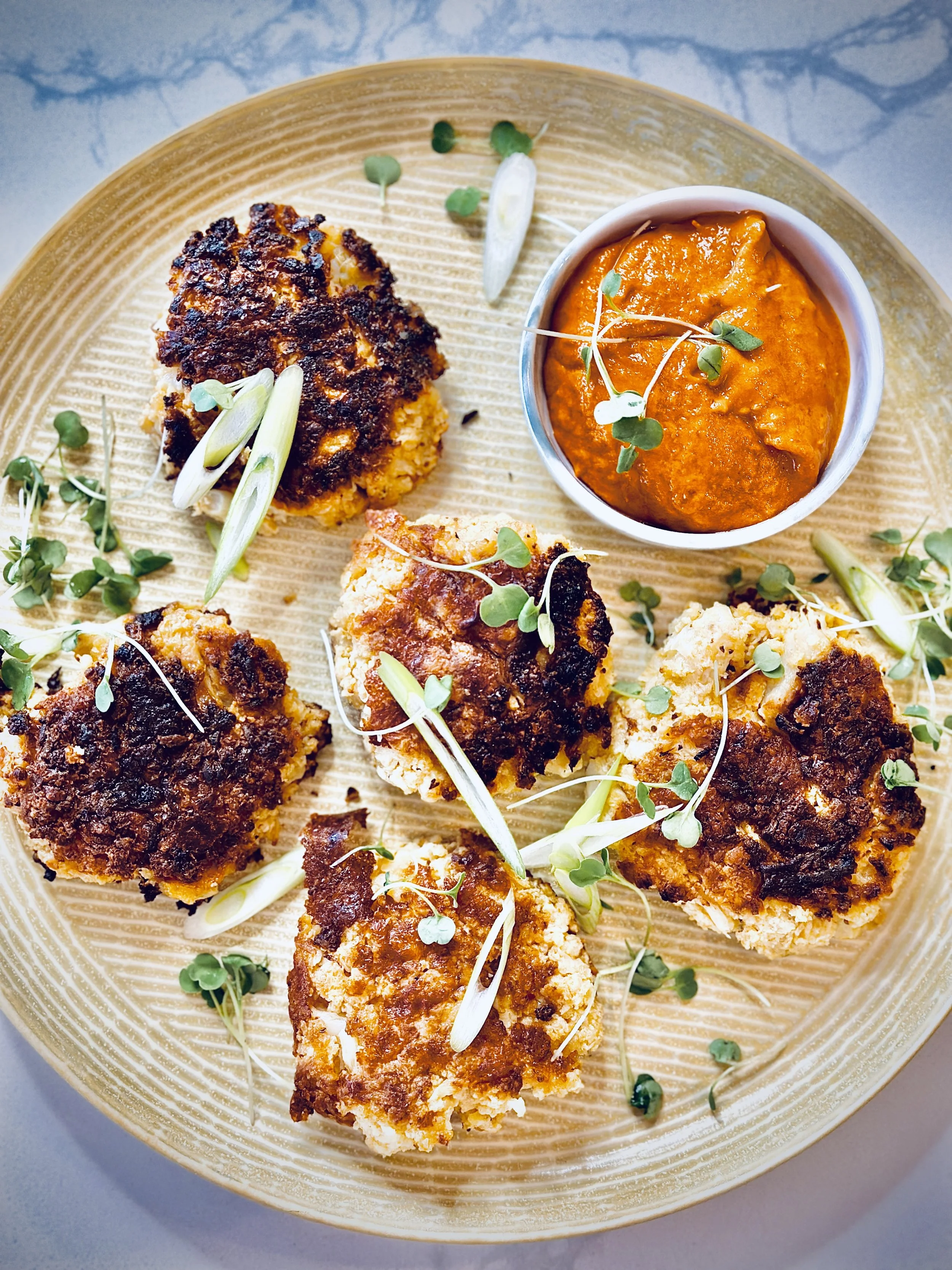 Cauliflower Fritters w Red Pepper Sauce