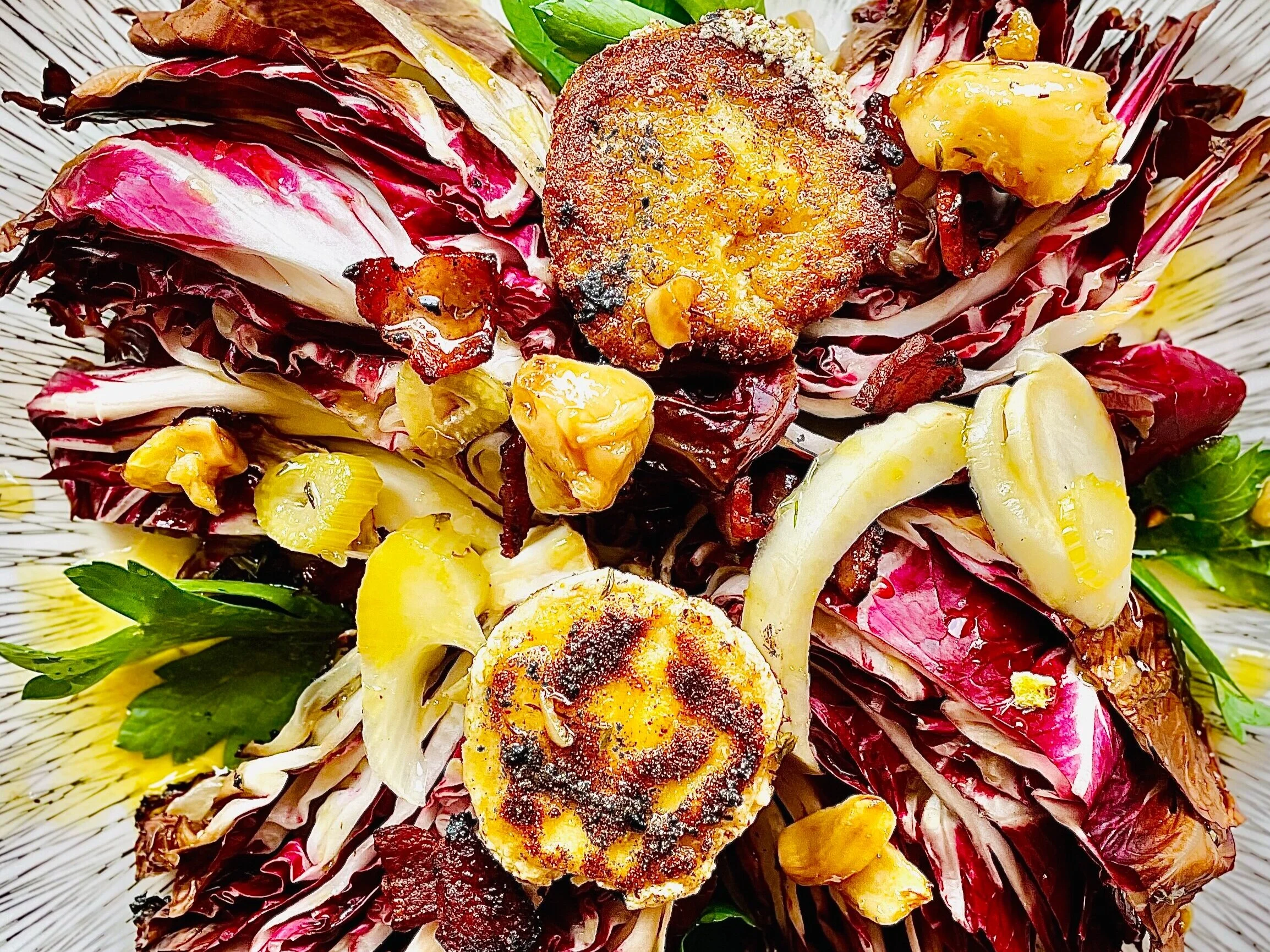 Grilled Radicchio, Fried Goat Cheese, Pancetta, Pickled Fennel w Garlic Confit Dressing