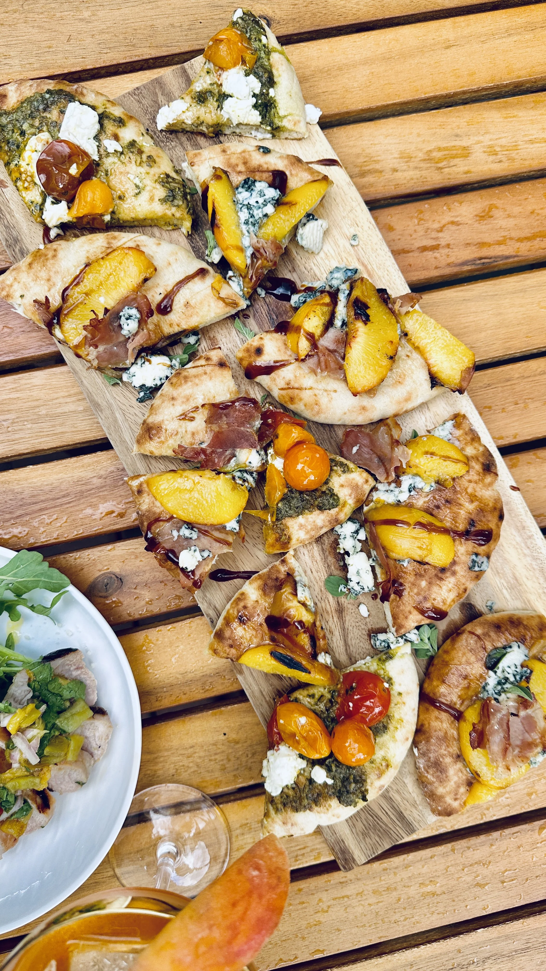 Grilled Peaches, Prosciutto, Blue Cheese Flat Bread