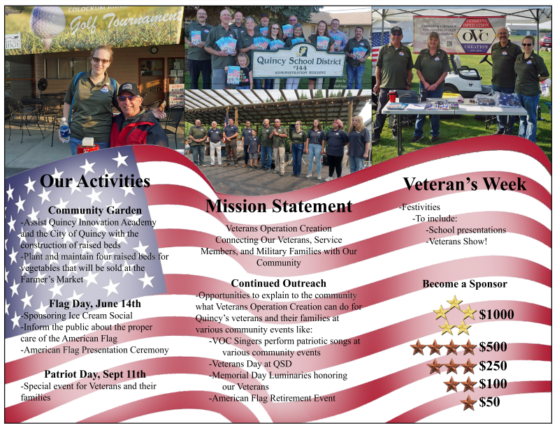 Group photo of people holding a 'Quincy School District' banner at a community event. Several tables with informational materials are visible, and the scene appears to be outdoors at a field or park.