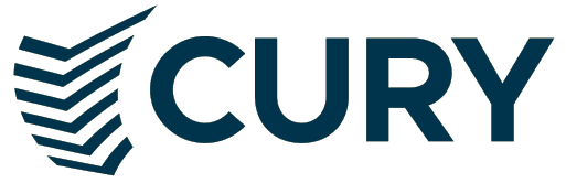 Logotipo da Cury com símbolo de uma pilha de livros estilizada ao lado do nome 'Cury'