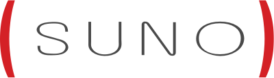 Logotipo com o nome 'SUNO' centralizado, com elementos arredondados em vermelho ao lado.
