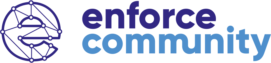 Logotipo com um globo feito de linhas conectadas a pontos, ao lado o texto 'enforce community' em cores roxa e azul.
