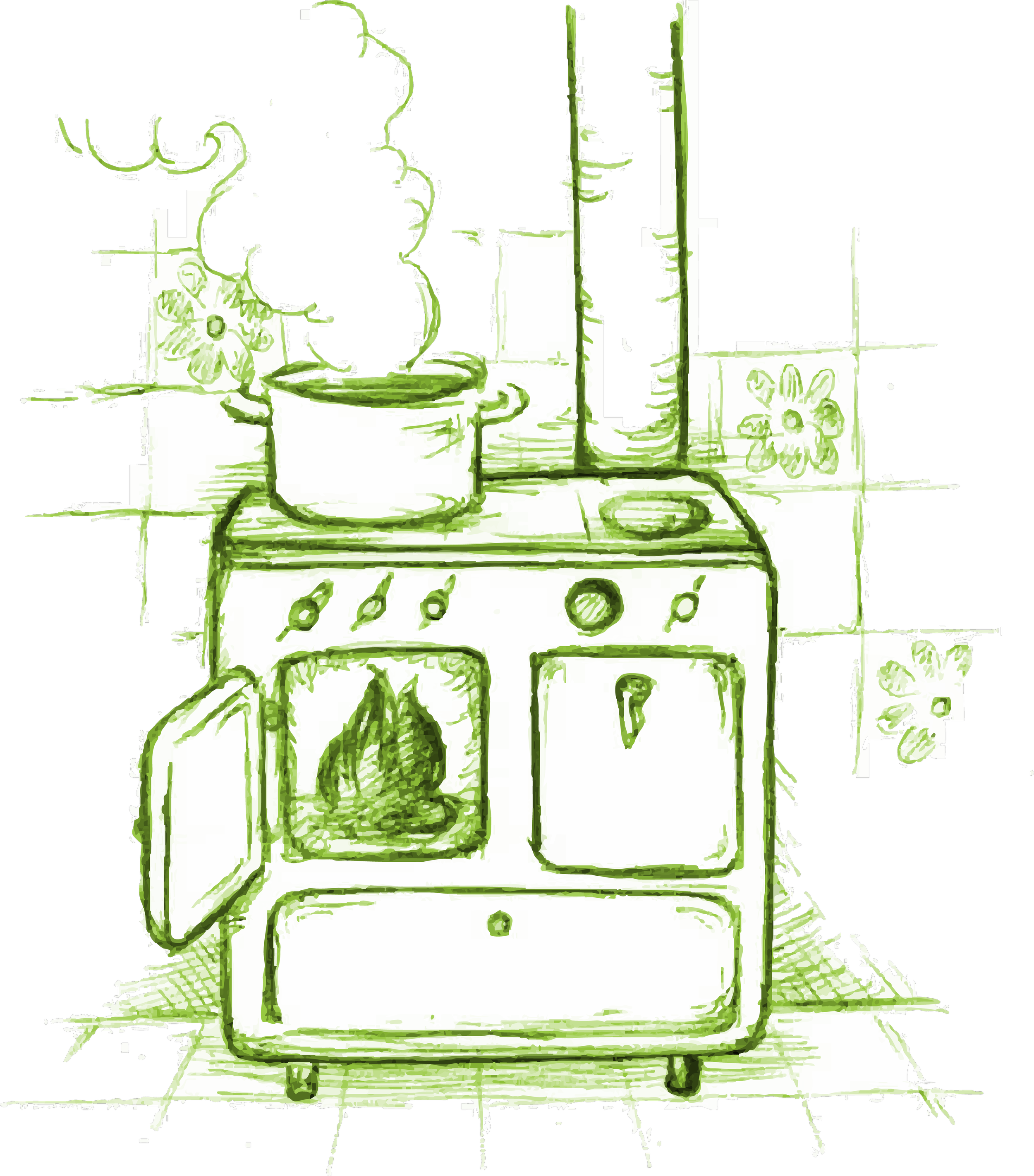 A black and white line drawing with green highlights of a vintage stove with oven, multiple burners, a pot on one burner, a potted plant on the left side, and a kitchen countertop with a decorative flower pot on the right side.