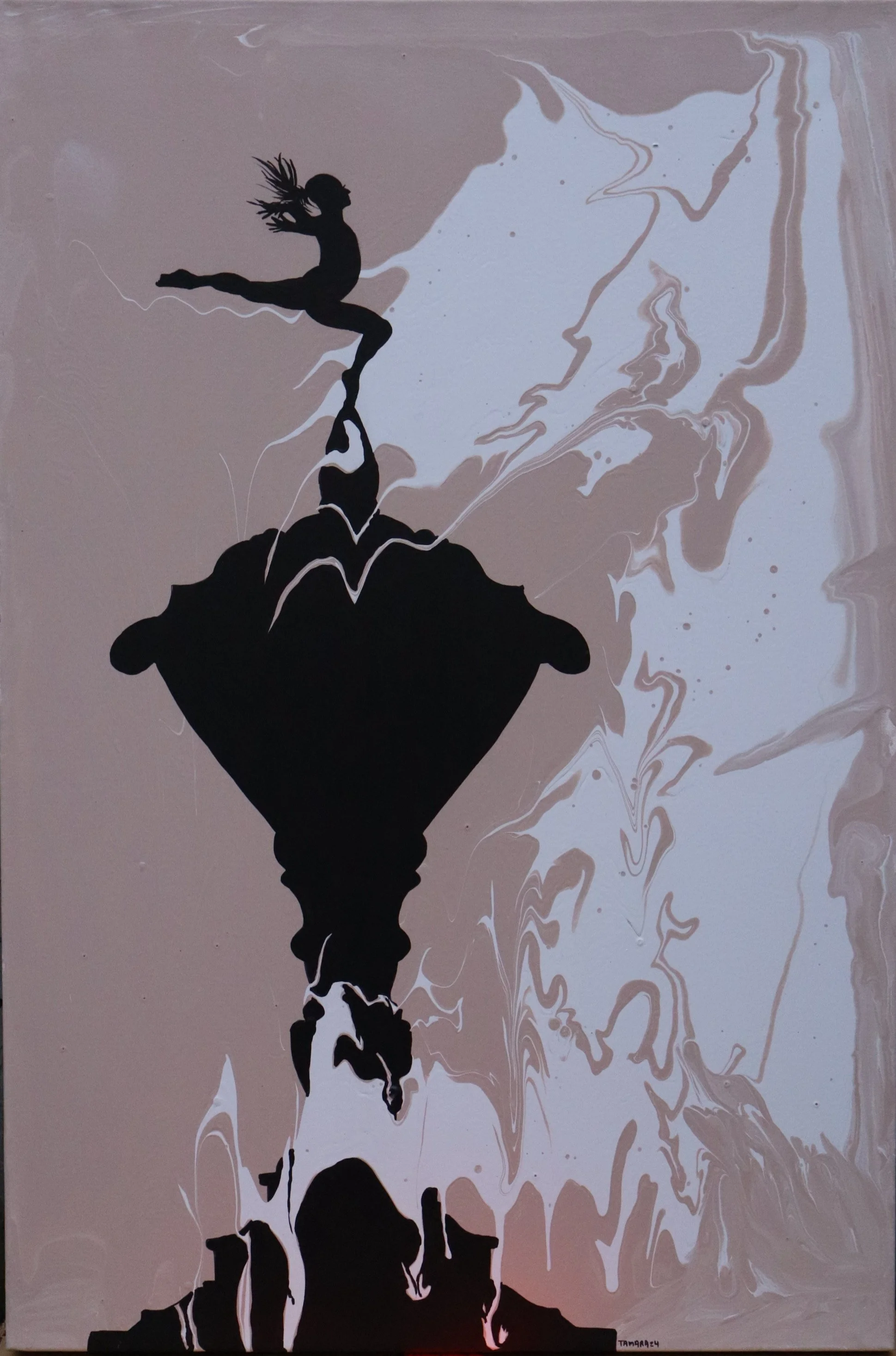 The Triumph / 36x24inc, mix media.

In this piece, a single vessel stands in deep black, solid and grounded, while dribbles of color flow over it like a living vine, merging chaos with form. Above, Athena’s figure rises, her hair and movement echoing