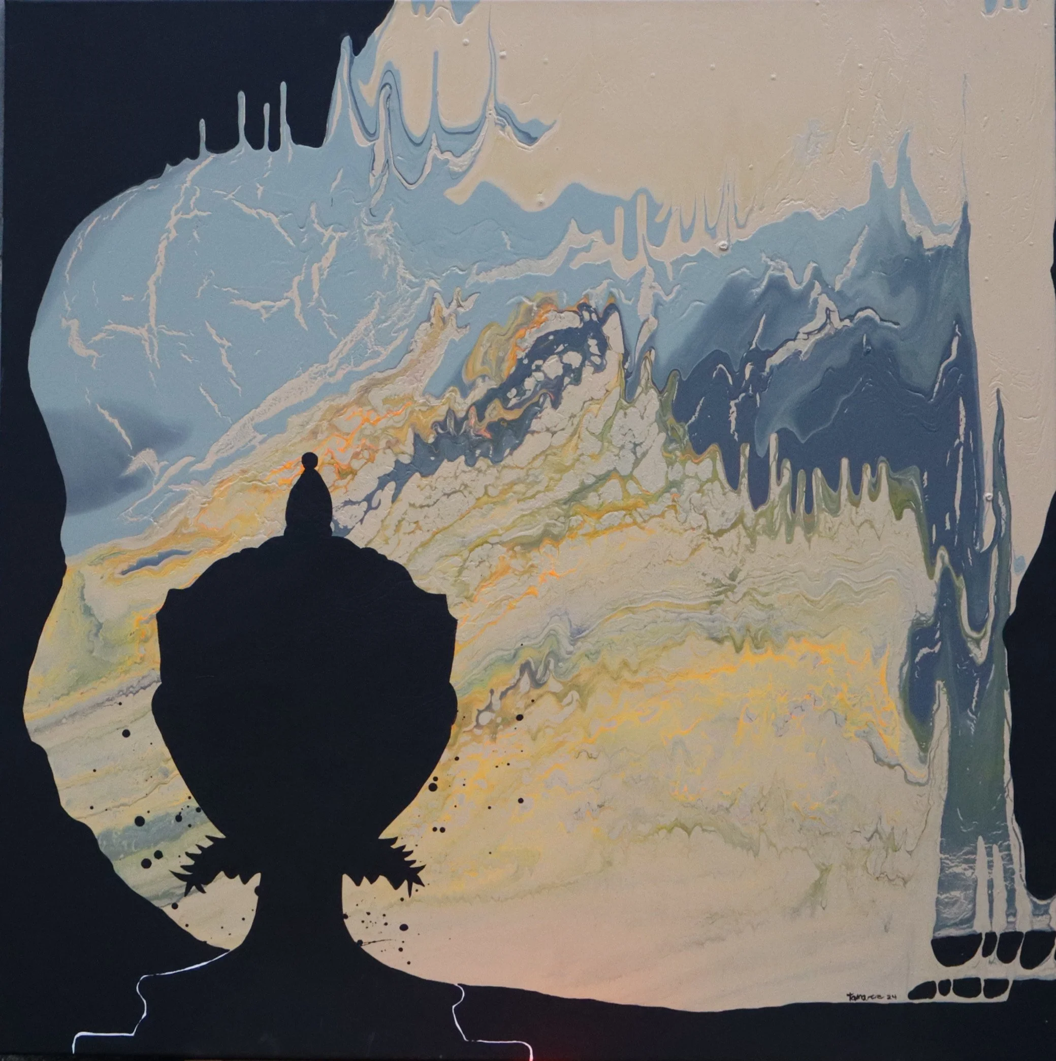 Noir  Vessel / 36x36x2inc, mix media.
On the same fluid, chaotic background where materials move freely and layers float like memory, a single black silhouette of a Victorian vessel emerges. Its dark form contrasts with the surrounding motion, like a