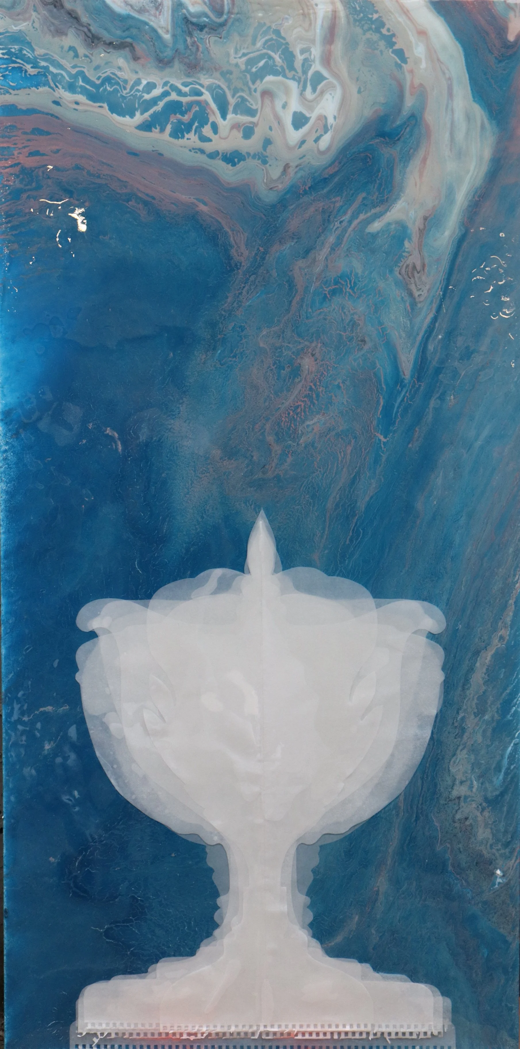 X-ray of a Vessel ll / 48x24x4inc, mix media, resin coated.
This work explores the idea of seeing through layers both material and emotional. Using half-transparent, hand-cut papers shaped like classical Greek vessels, I build a composition that feel