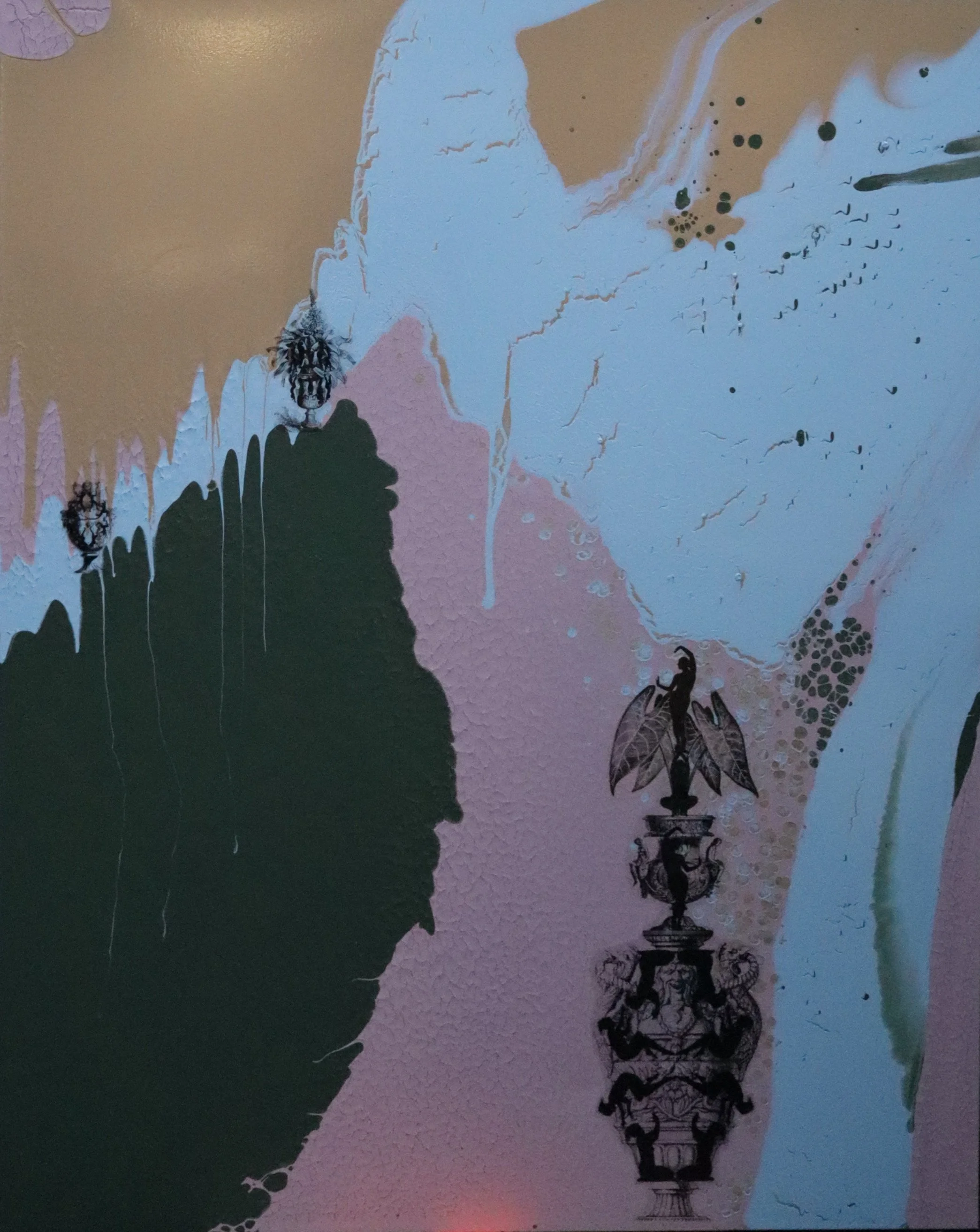 Growing in Harmony/ 60x48x4inc, mix media on canvas + architectural scale figures, resin coated.
Classics grow, nature grows and together, they find a quiet perfection in balance. Even the cracks and imperfections bloom into beauty, like a fragile ne