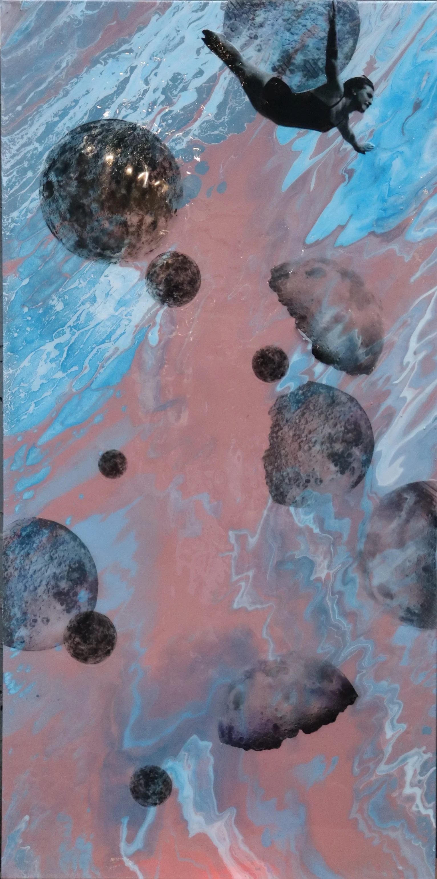 Jump into infinity/ 48x24x4inc, mix media, resin coated.                                                                         The great masters say to surrender.