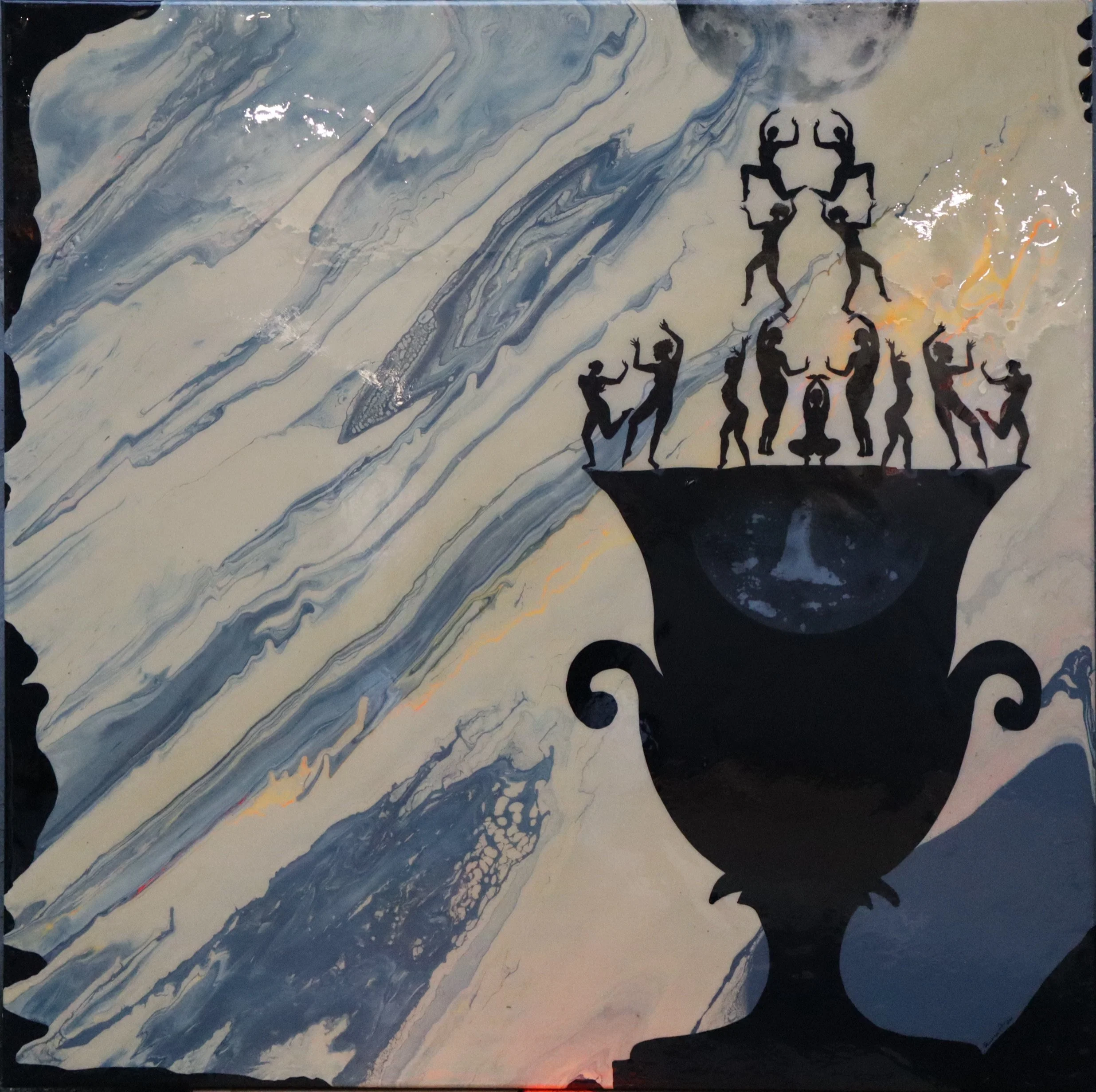 Eternal Dance/ 36x36x2inc, mix media, resin coated.

Above the layered vessels, a chorus of Greek goddesses rises, captured in classical dance as they leap from stillness into motion. Each figure moves with grace and rhythm, their forms hovering abov