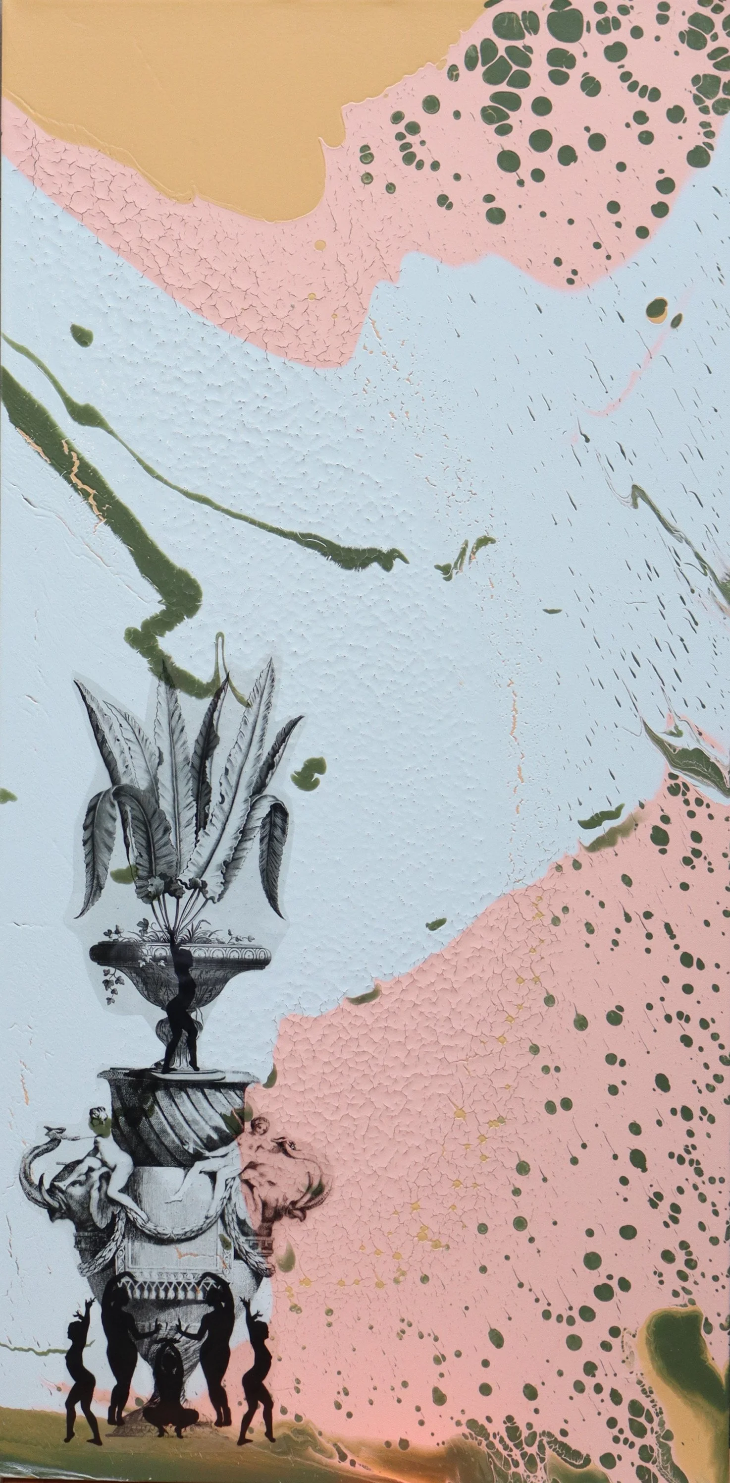 The Elephant’s Promise, 48x24x4inc, mix media, resin coated.

From the series When Chaos Meets Order, this painting presents a contemporary totem an ornamental composition connecting past, present, and future. The classical urn symbolizes heritage an