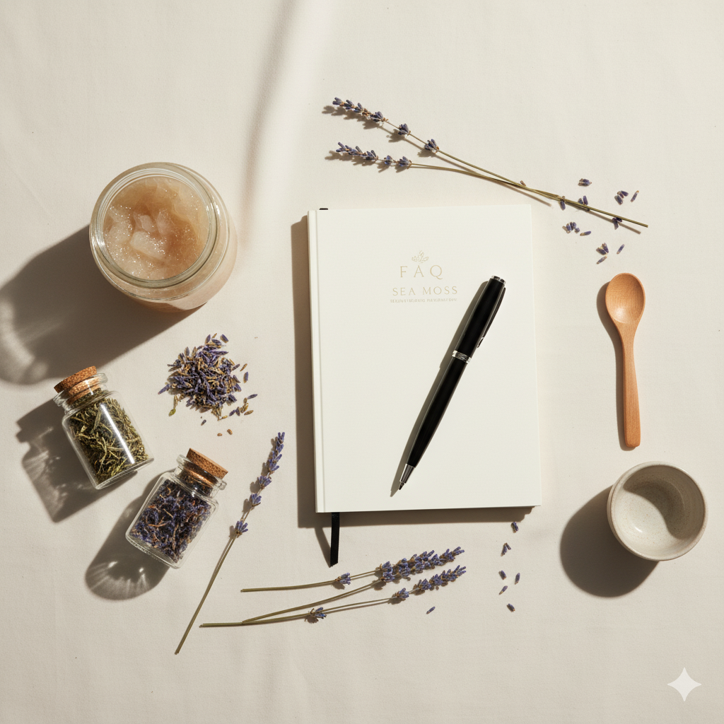 A flat lay of a notebook, pen, small wooden spoon, blank cup, dried lavender, lavender flowers in jars, a candle, and sprigs of lavender, arranged on a white surface.