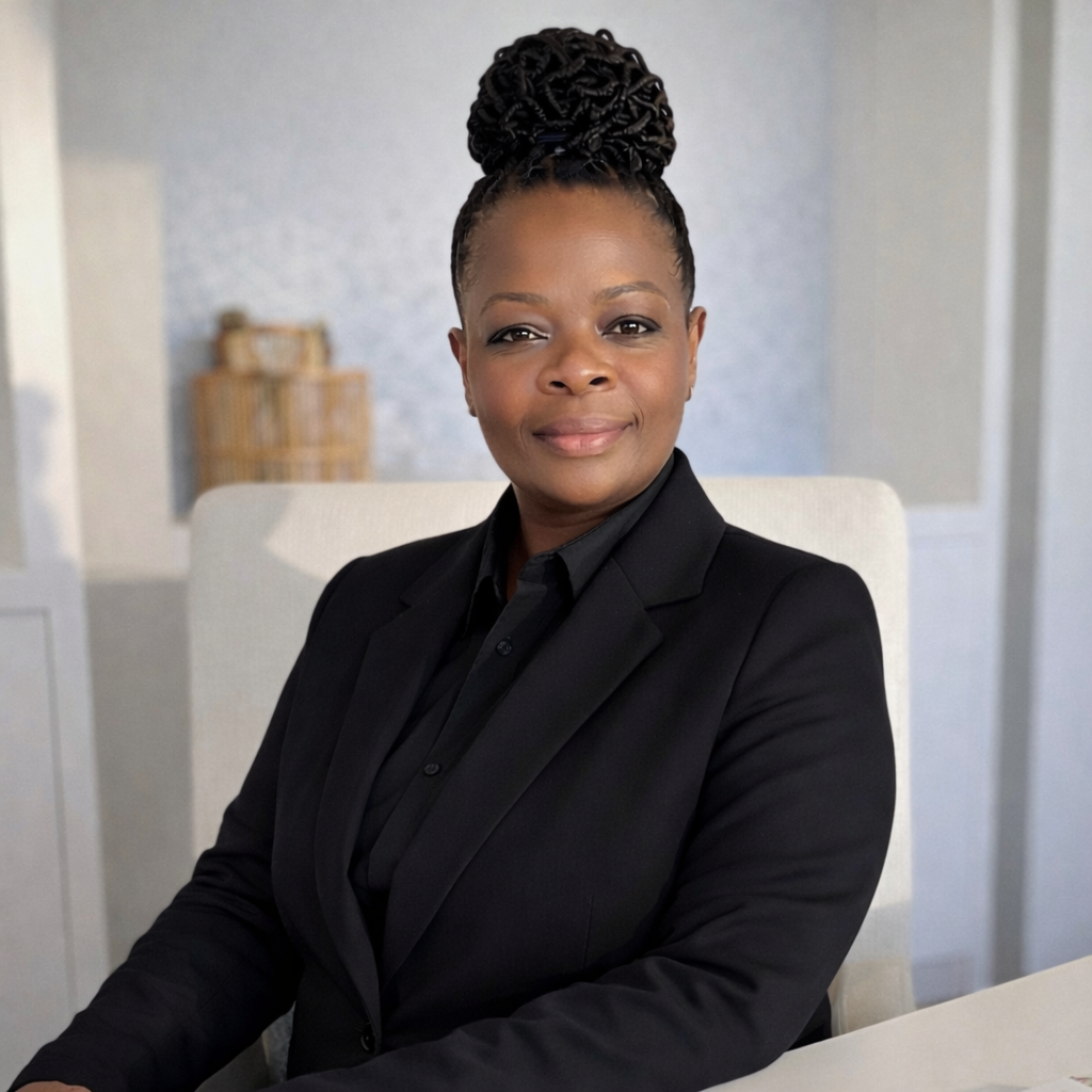 A confident woman with braided hair, wearing a black suit, sitting at a white chair in a professional setting.
