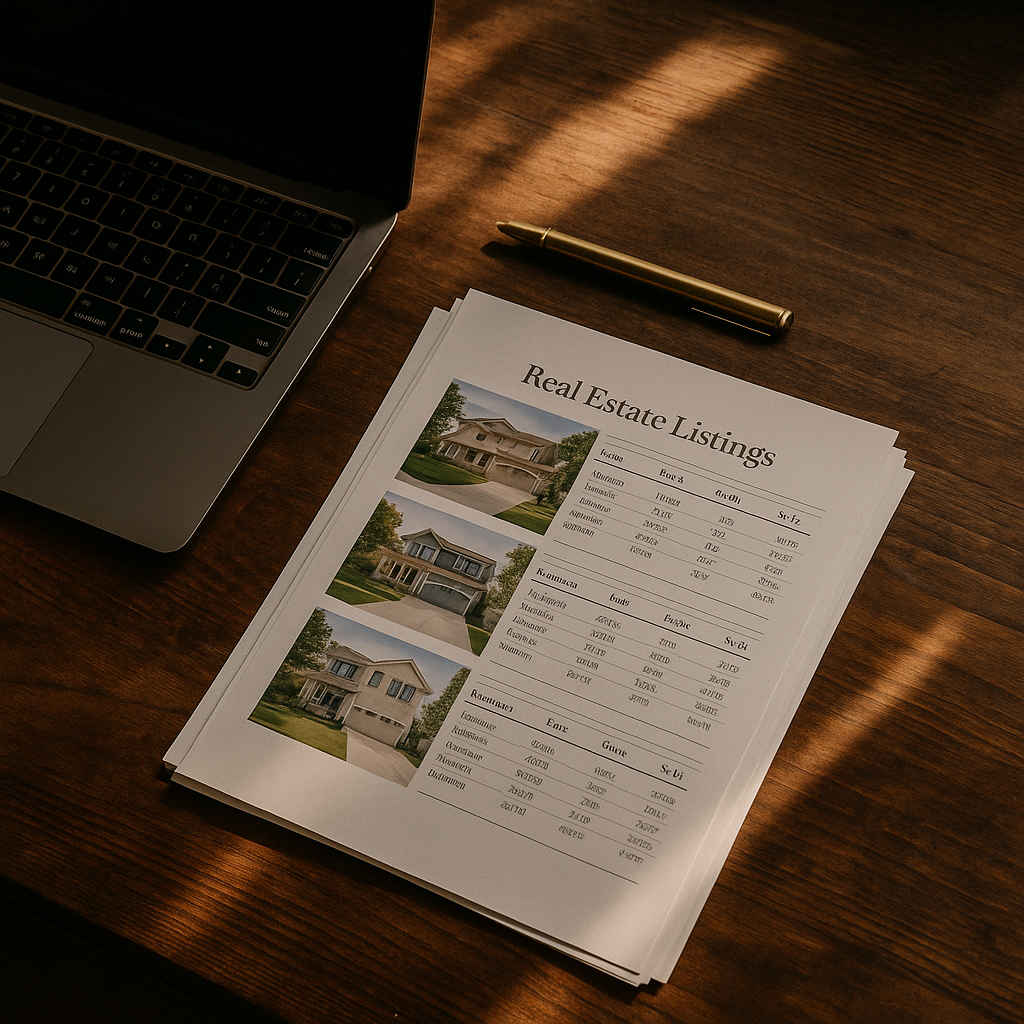 Laptop and list of real estate listings