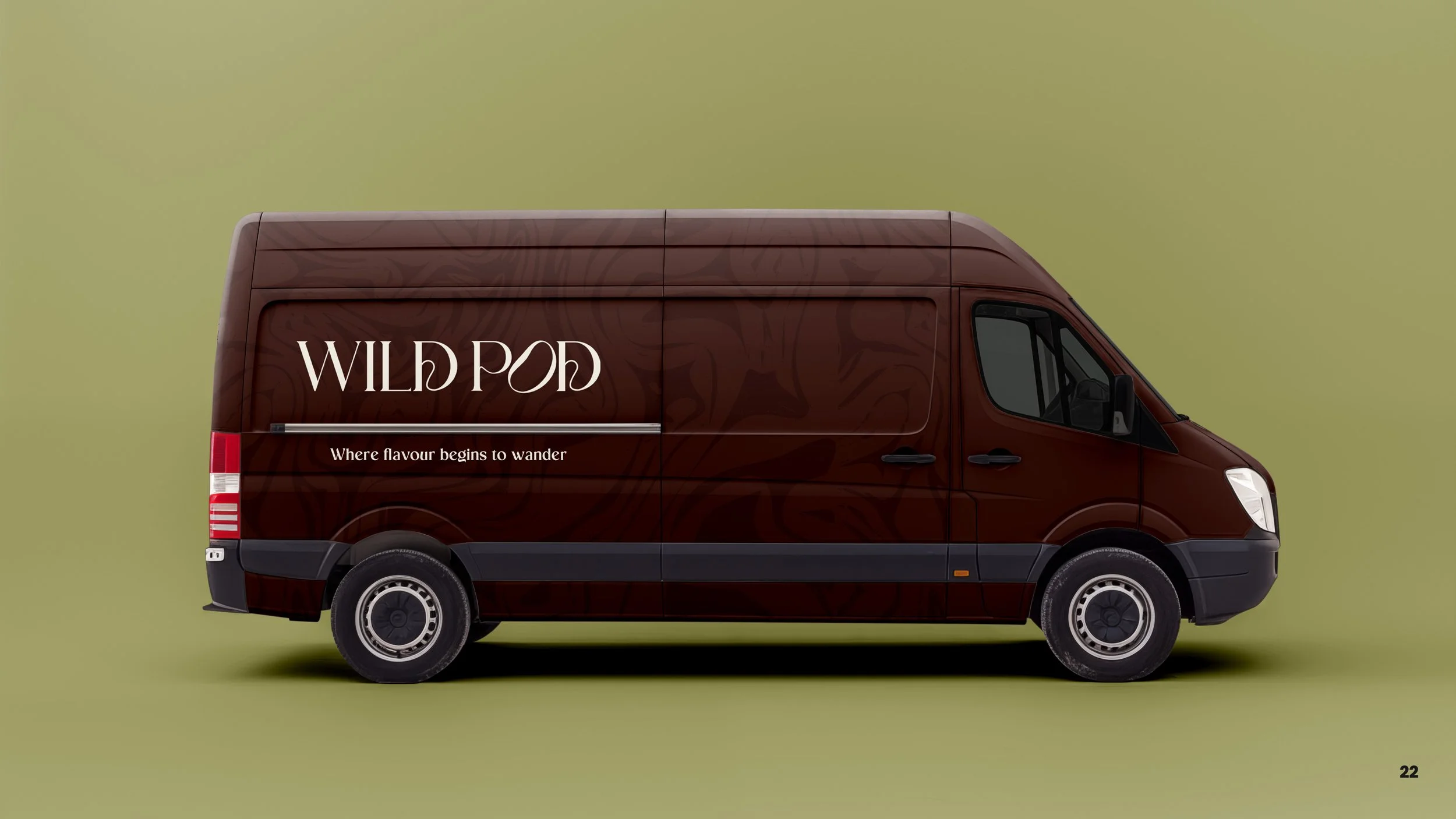 A brown delivery van with the text 'WILD POD' and 'Where flavour begins to wander' written on the side, set against a plain green background.