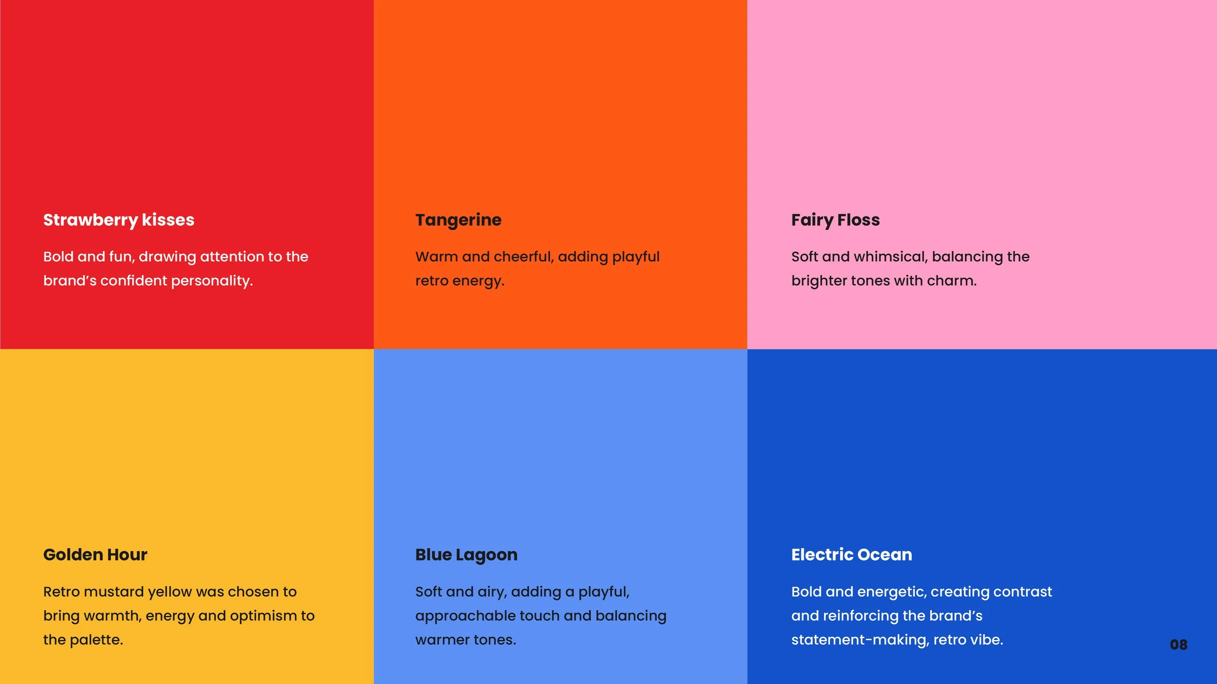 Color palette with six sections labeled as Strawberry kisses, Tangerine, Fairy Floss, Golden Hour, Blue Lagoon, and Electric Ocean, each with descriptive text about colors and moods.