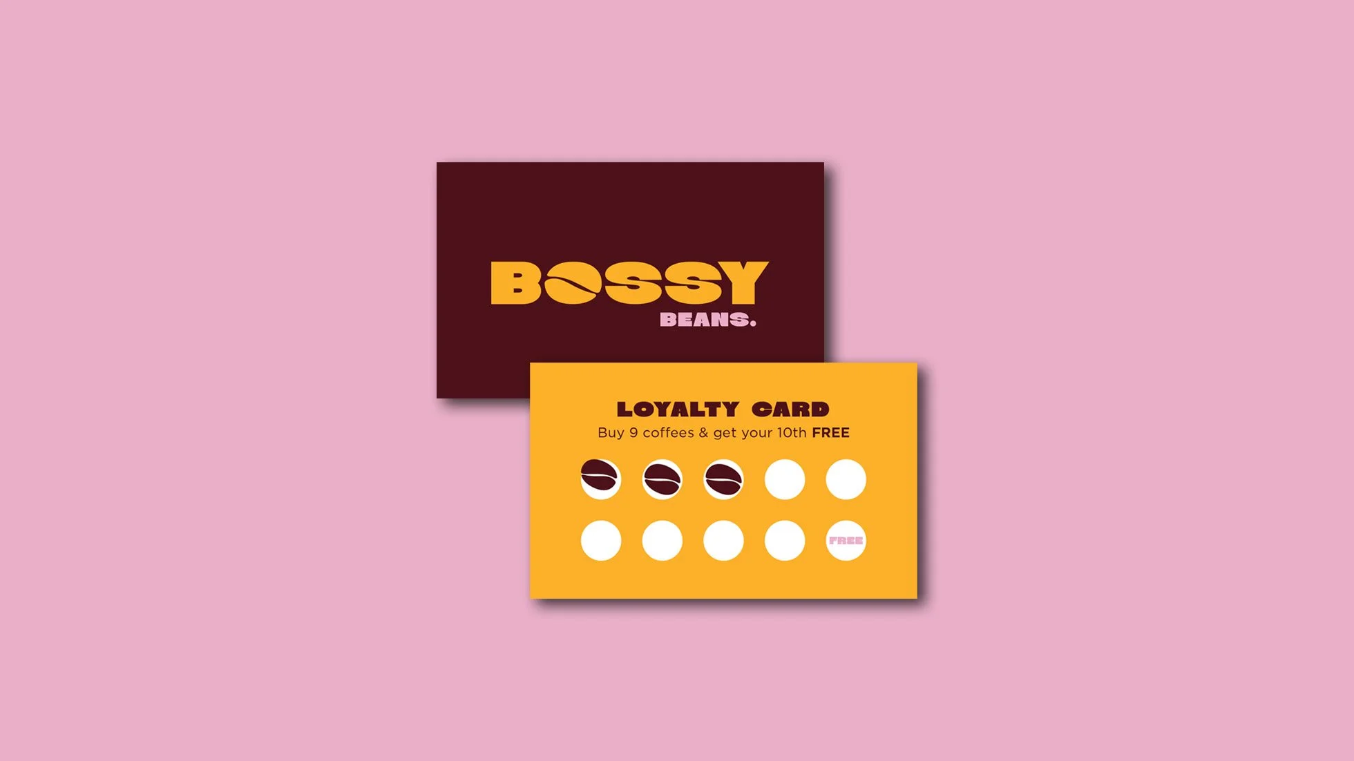 A loyalty card for Bossy Beans with eight coffee cup icons, three filled in with coffee beans, and the text 'Buy 9 coffees & get your 10th free' on an orange background, with a dark red Bossy Beans card behind it.