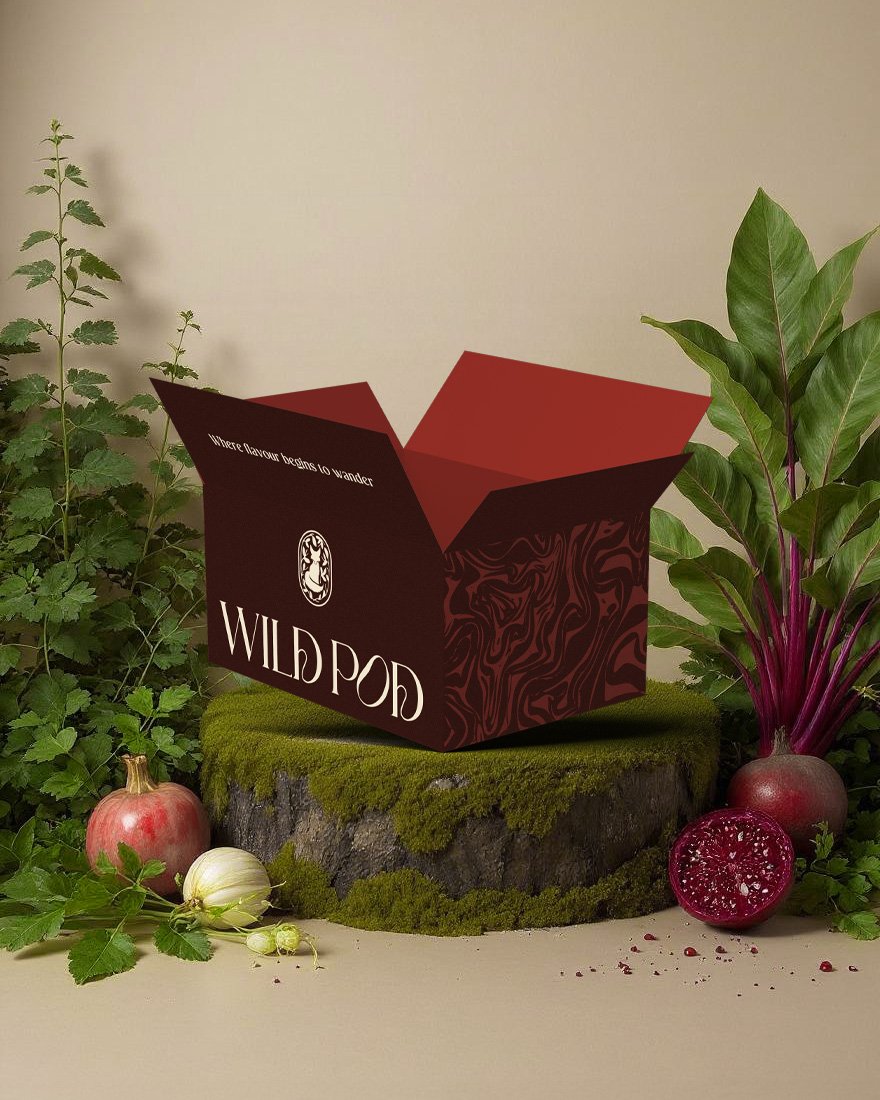 Wild Pod packaging design with branded box surrounded by fresh vegetables and herbs