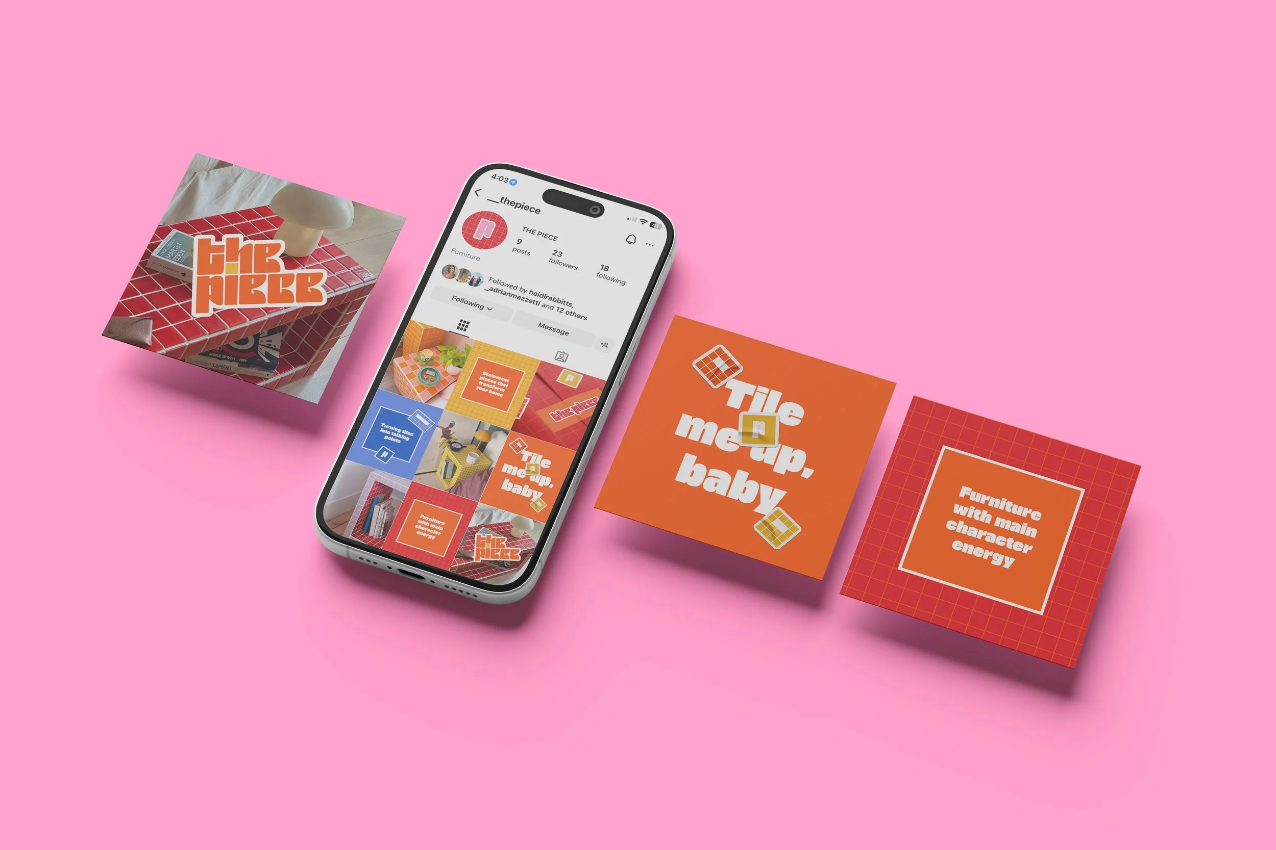 Flat lay of bright orange and red packaging with geometric patterns, a smartphone displaying an Instagram profile related to furniture, and a pink background.