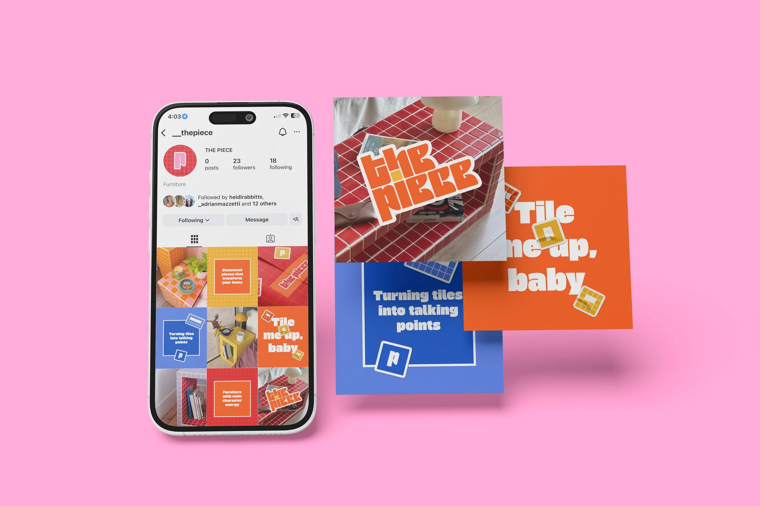Collection of branding materials for 'The Piece,' including a smartphone displaying an Instagram profile, a photograph of a red tiled table with a white lamp, and various cards with bold text and graphic elements against a pink background.