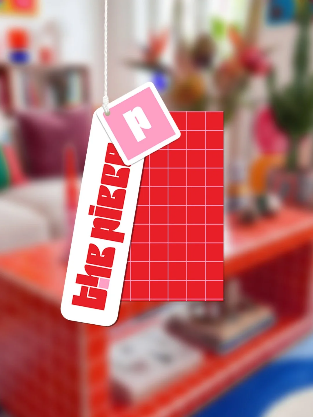 Store display with a white and red sign that reads 'GIRL PIER' hanging next to a pink price tag with a white shopping cart icon, against a blurred background of colorful products.
