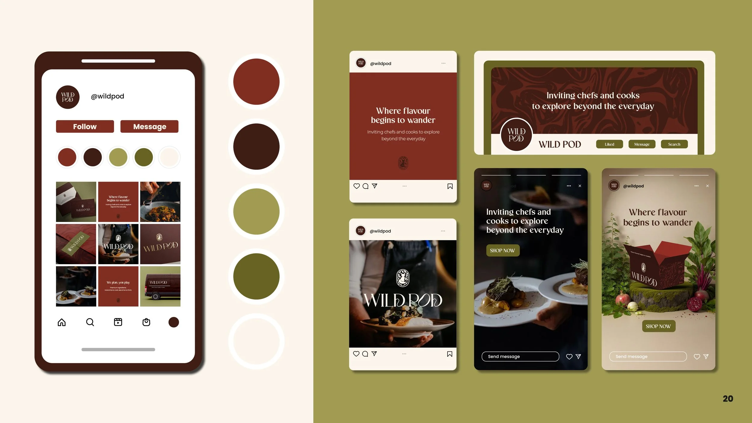 A collection of social media posts and mobile screens for 'Wild Pod,' a food-related brand, featuring food dishes, branding elements, and promotional messages in earthy tones of red, brown, and green.