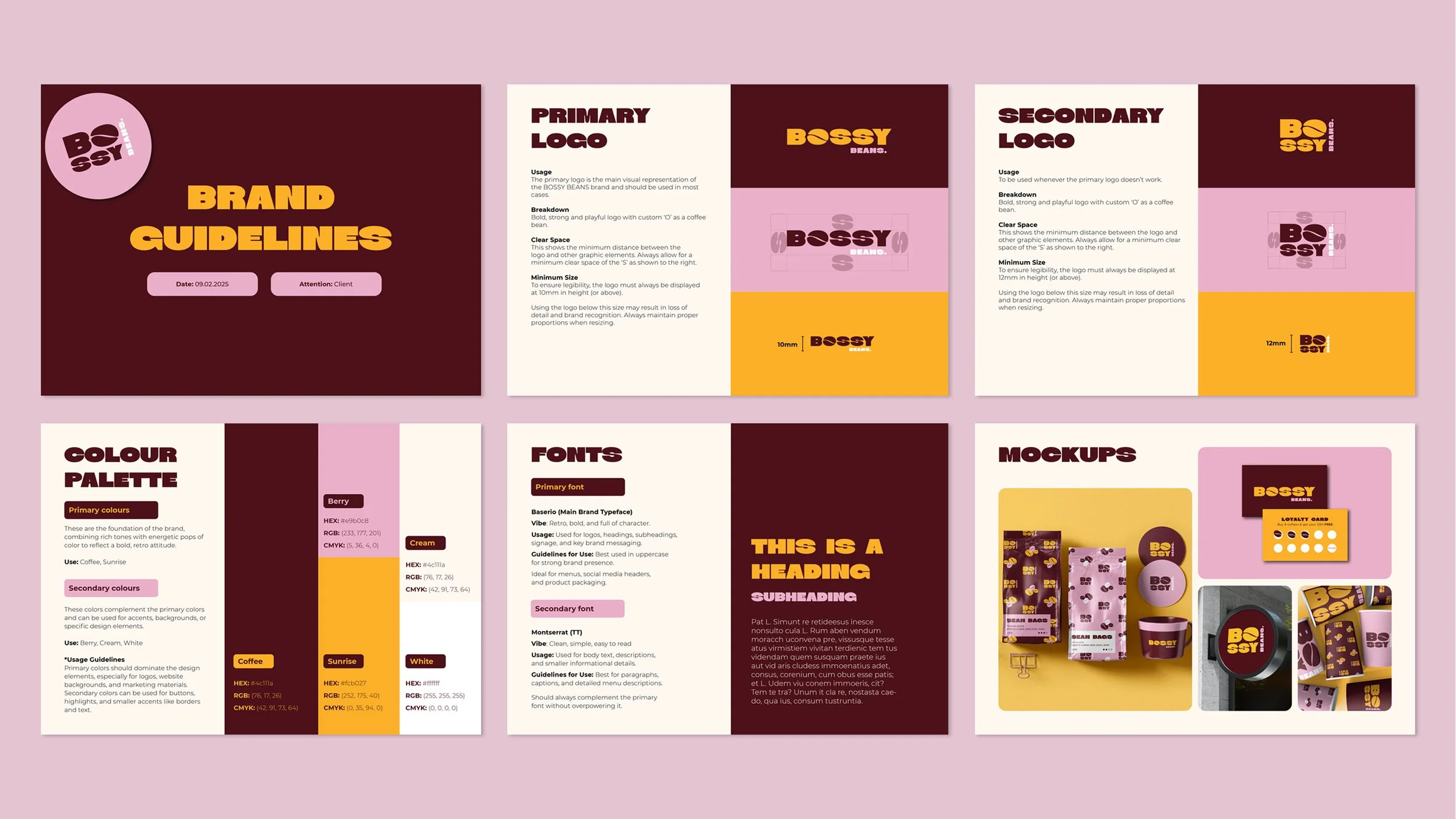 A presentation slide deck showing brand guidelines for BOSSY BEANS, including logo specifications, color palette, fonts, and mockups.