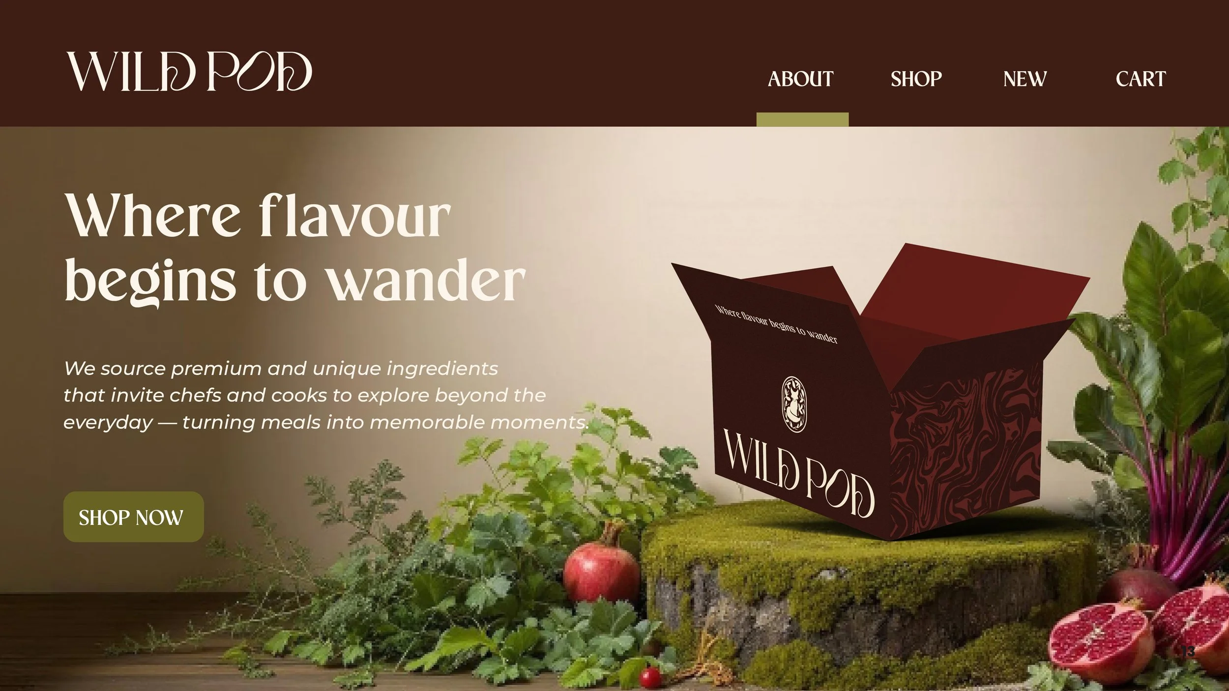 Website homepage for Wild Pod, featuring a brown box with the brand logo, surrounded by fresh herbs and vegetables, and a large heading that says 'Where flavor begins to wander.'