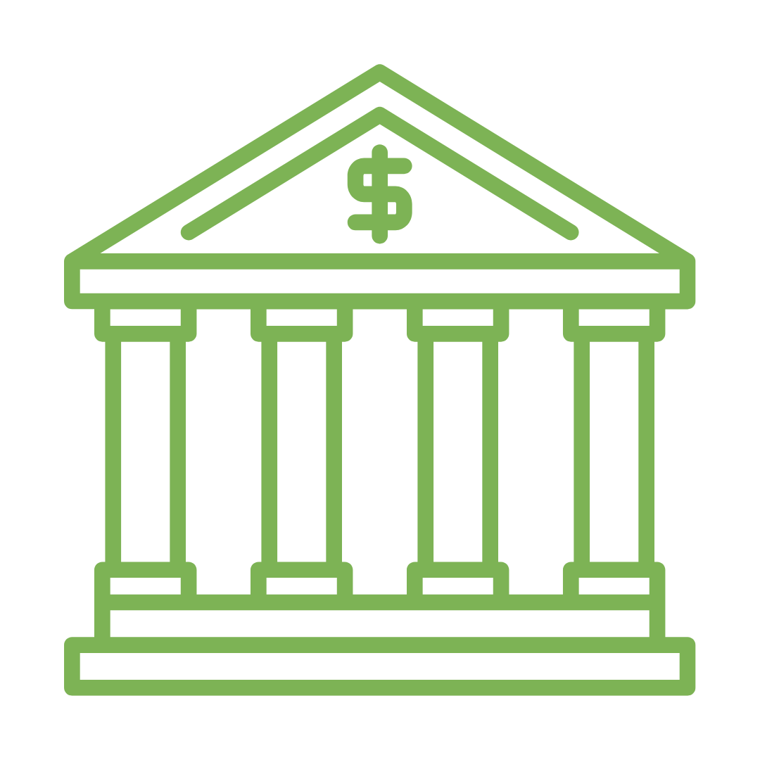 Green outline of a government or financial building with columns and a dollar sign on the roof.