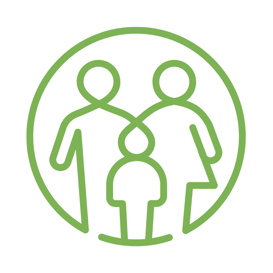 Line drawing of two adults and one child connecting to form a triangle, enclosed in a circle, on a black background.