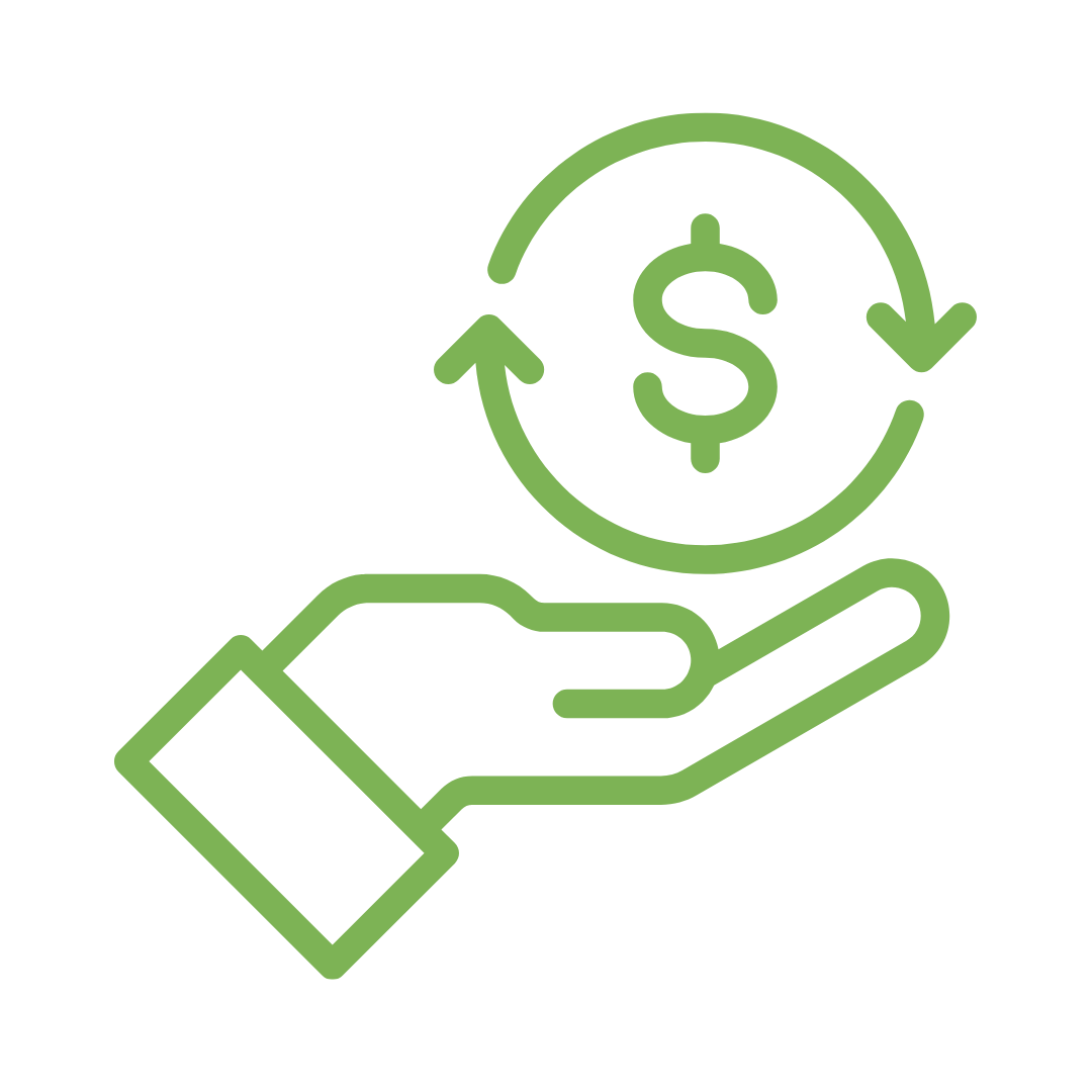Outline of a hand holding a dollar sign with circular arrows around it, representing financial exchange or money transfer.