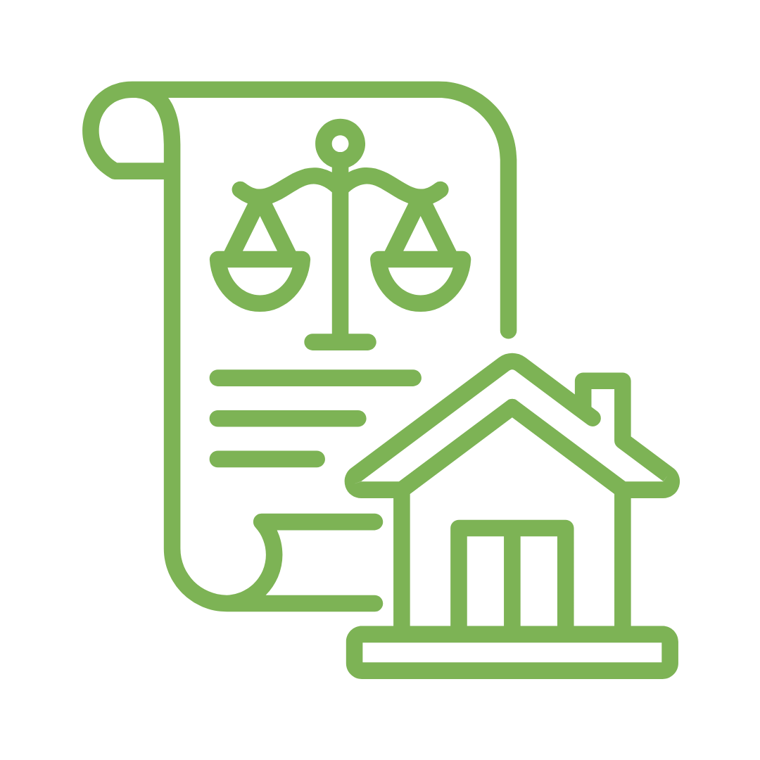 Green outline icon of a legal document with a balanced scale symbol and an outline of a house.