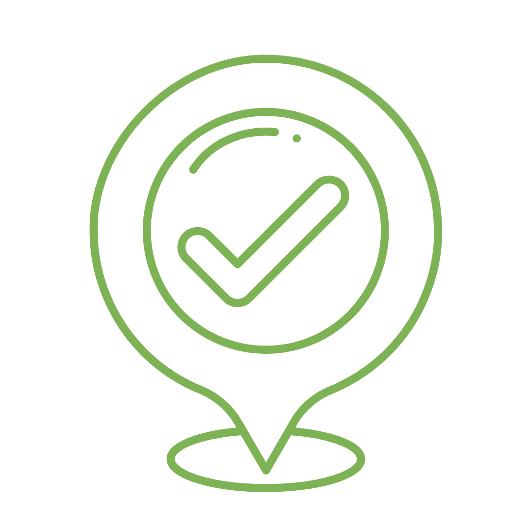 Green location pin with a check mark inside.