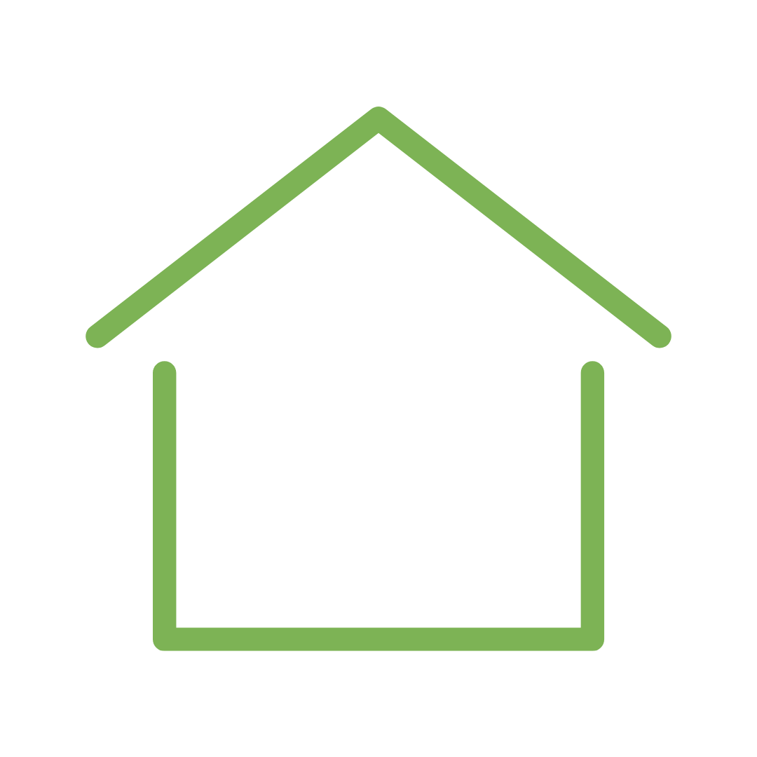 Outline of a house with an upward arrow in green.