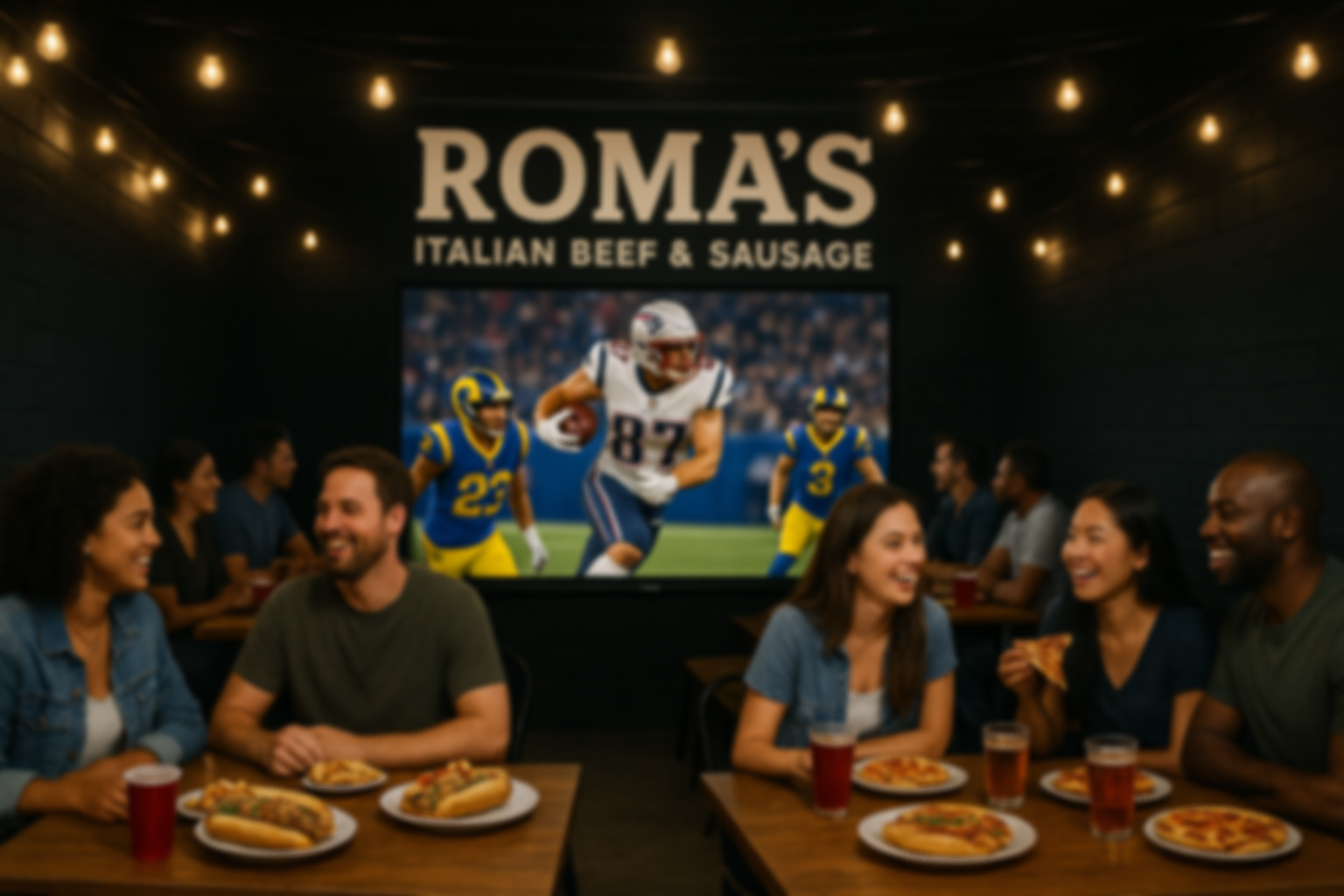 Group of friends watching football game and eating pizza and drinks in a bar or restaurant with a large screen showing a football game and a sign that says 'ROMA'S Italian Beef & Sausage'