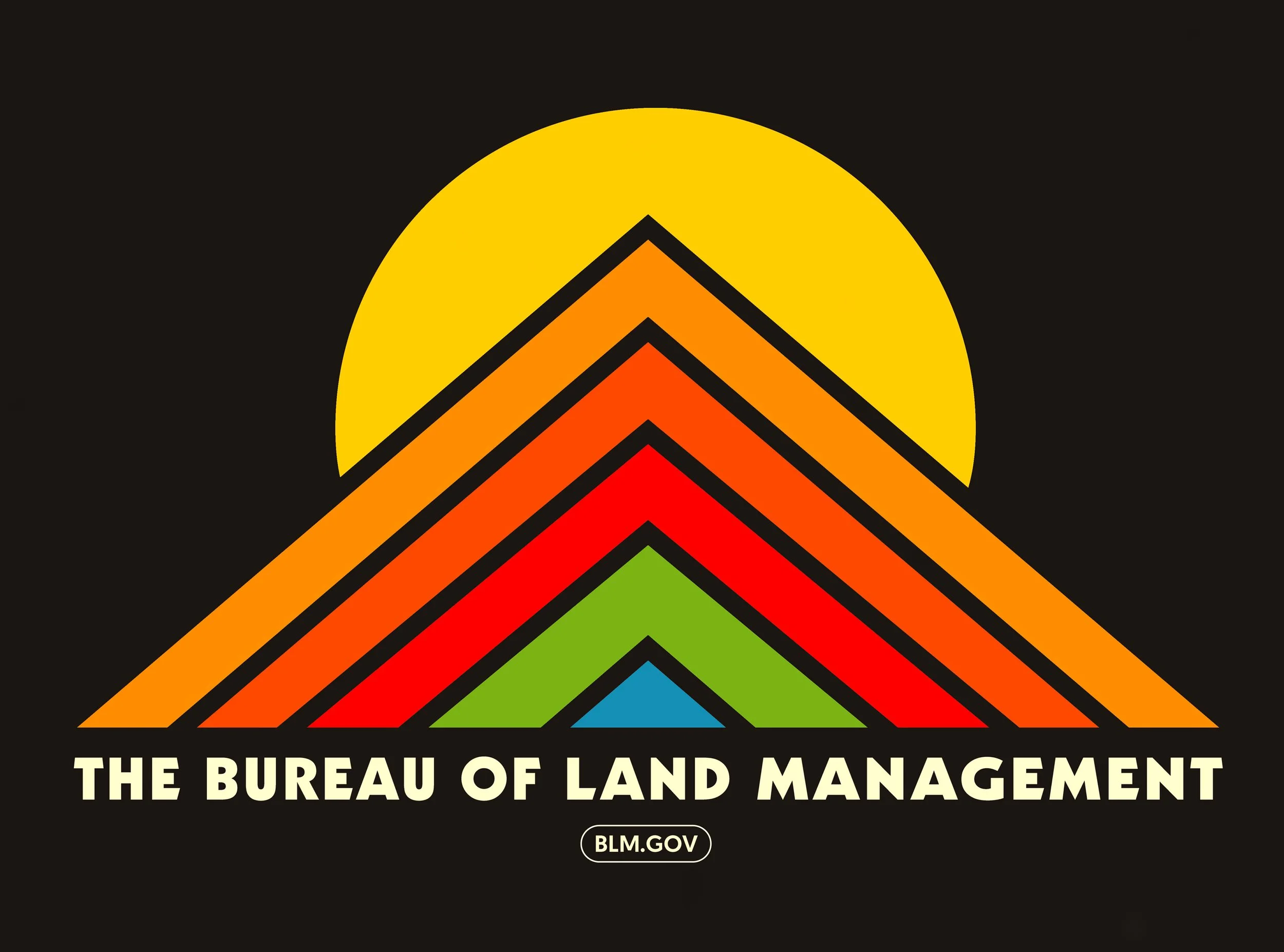 Stylized logo featuring mountain peaks in red, green, orange, and blue with a yellow sun rising behind them, and the text 'THE BUREAU OF LAND MANAGEMENT' and 'BLM.GOV' below.