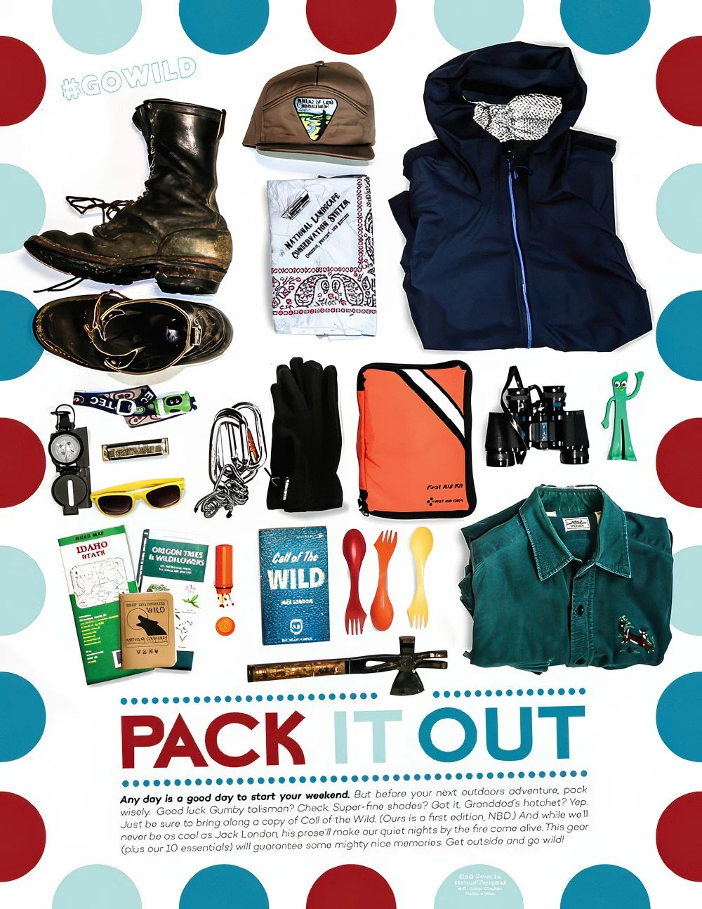 An organized flat lay of outdoor and camping gear including boots, hats, a jacket, carabiners, a flashlight, sunglasses, a notebook, utensils, and other essentials on a polka-dot background with the text "PACK IT OUT".