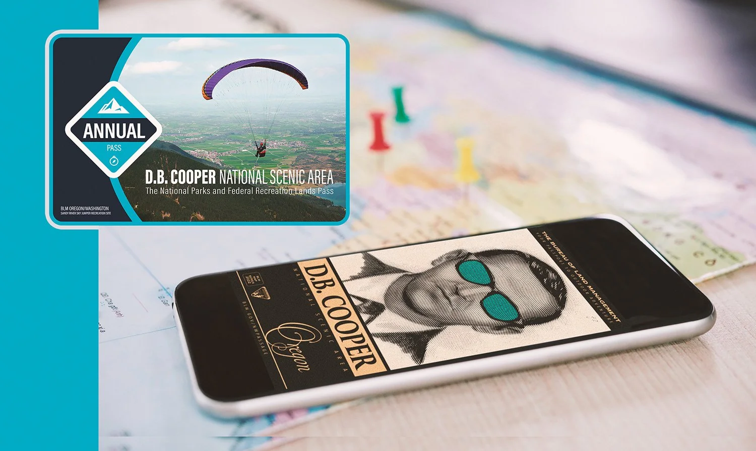 A smartphone displaying a vintage-style illustration of D.B. Cooper wearing sunglasses, with the text "D.B. Cooper" and "Famous" underneath, and a ticket for the D.B. Cooper National Scenic Area featuring a photo of a person paragliding with a scenic