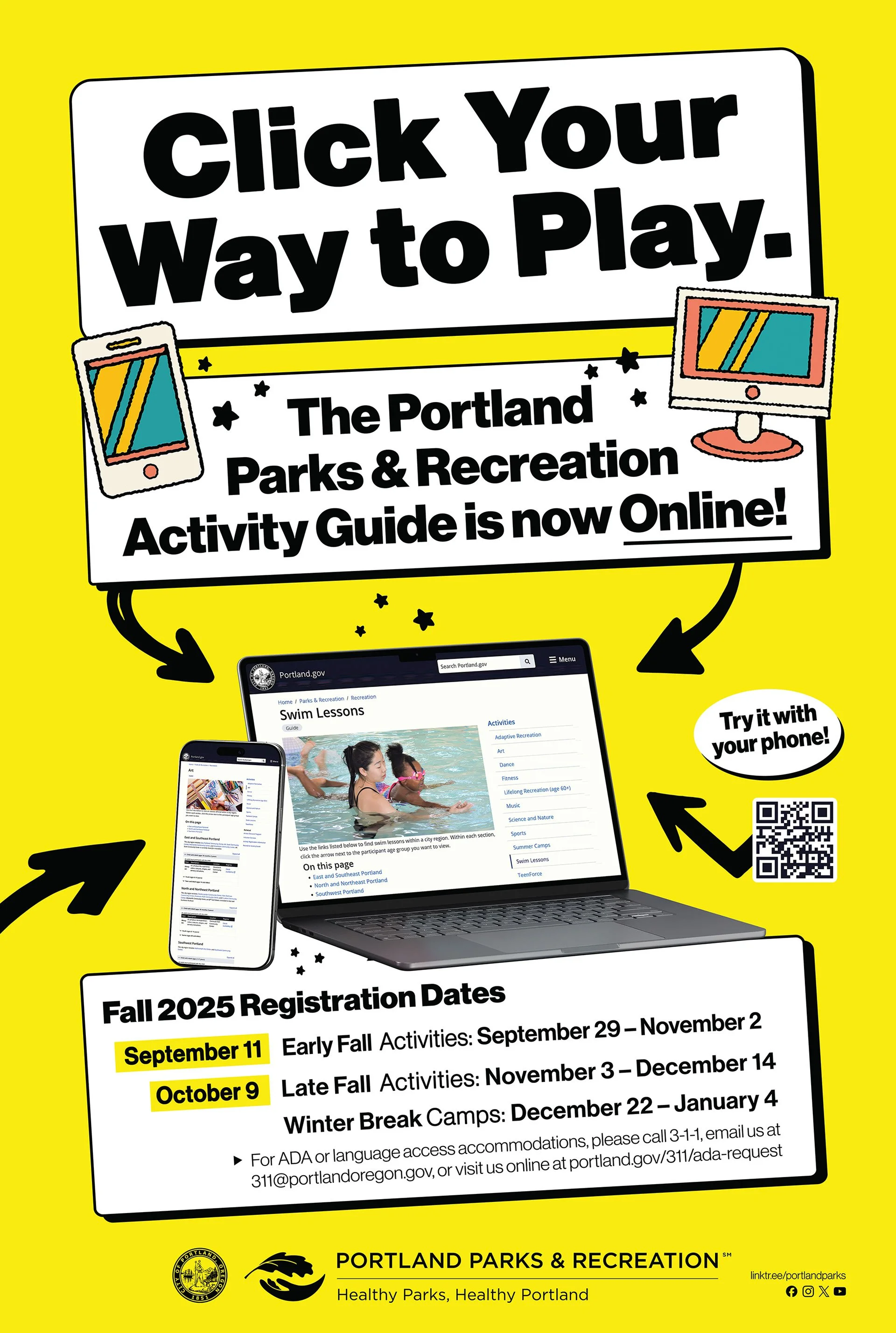 Bright yellow poster advertising the Portland Parks & Recreation online activity guide, featuring call to action 'Click Your Way to Play,' with images of a smartphone and a laptop displaying the guide, and highlighting registration dates in September