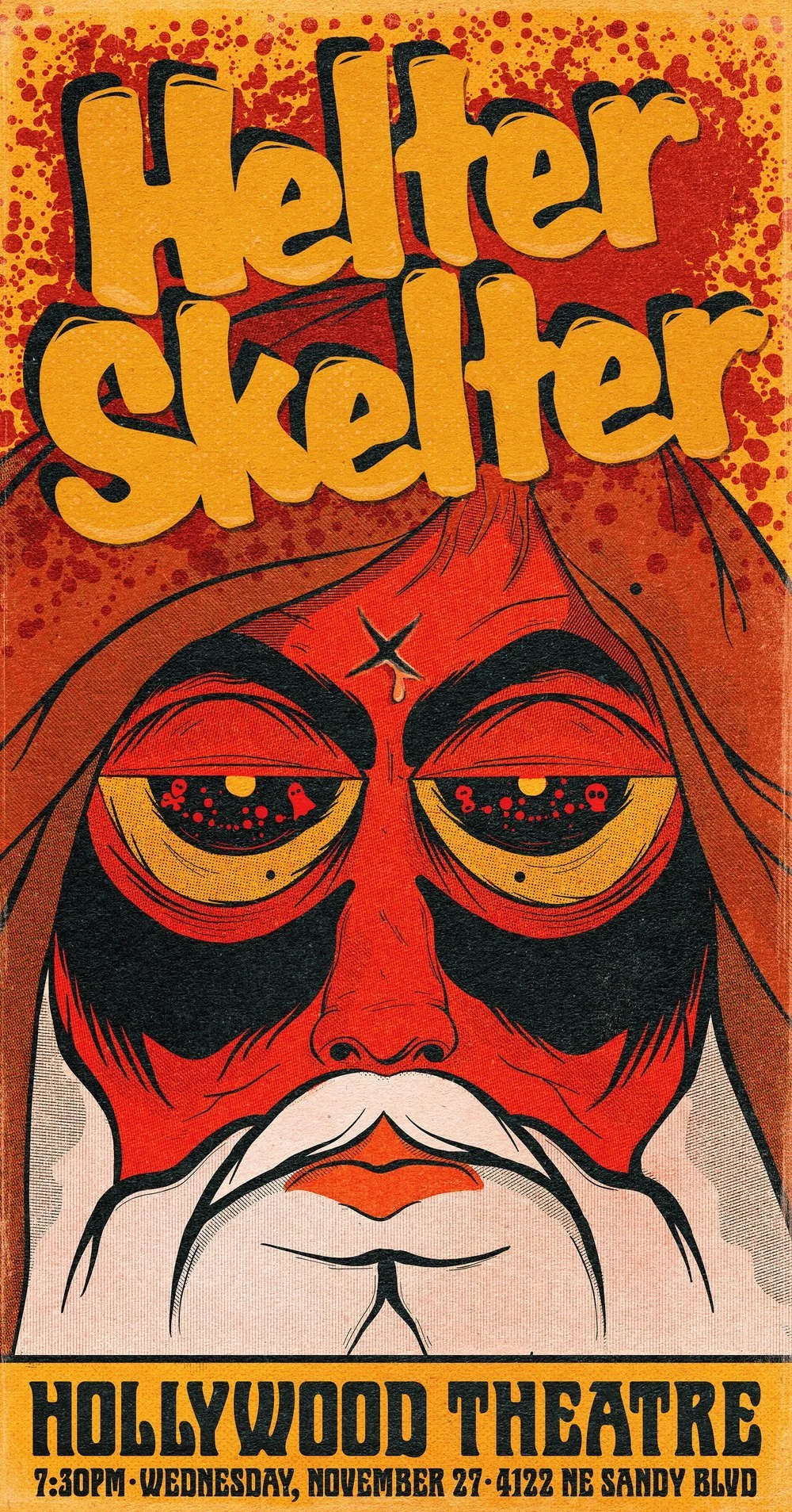 A vintage-style poster for 'Helter Skelter' at Hollywood Theatre featuring a cartoon drawing of a character with a red face, black eye makeup, yellow eyes reflecting skulls, and a white beard, with event details at the bottom.
