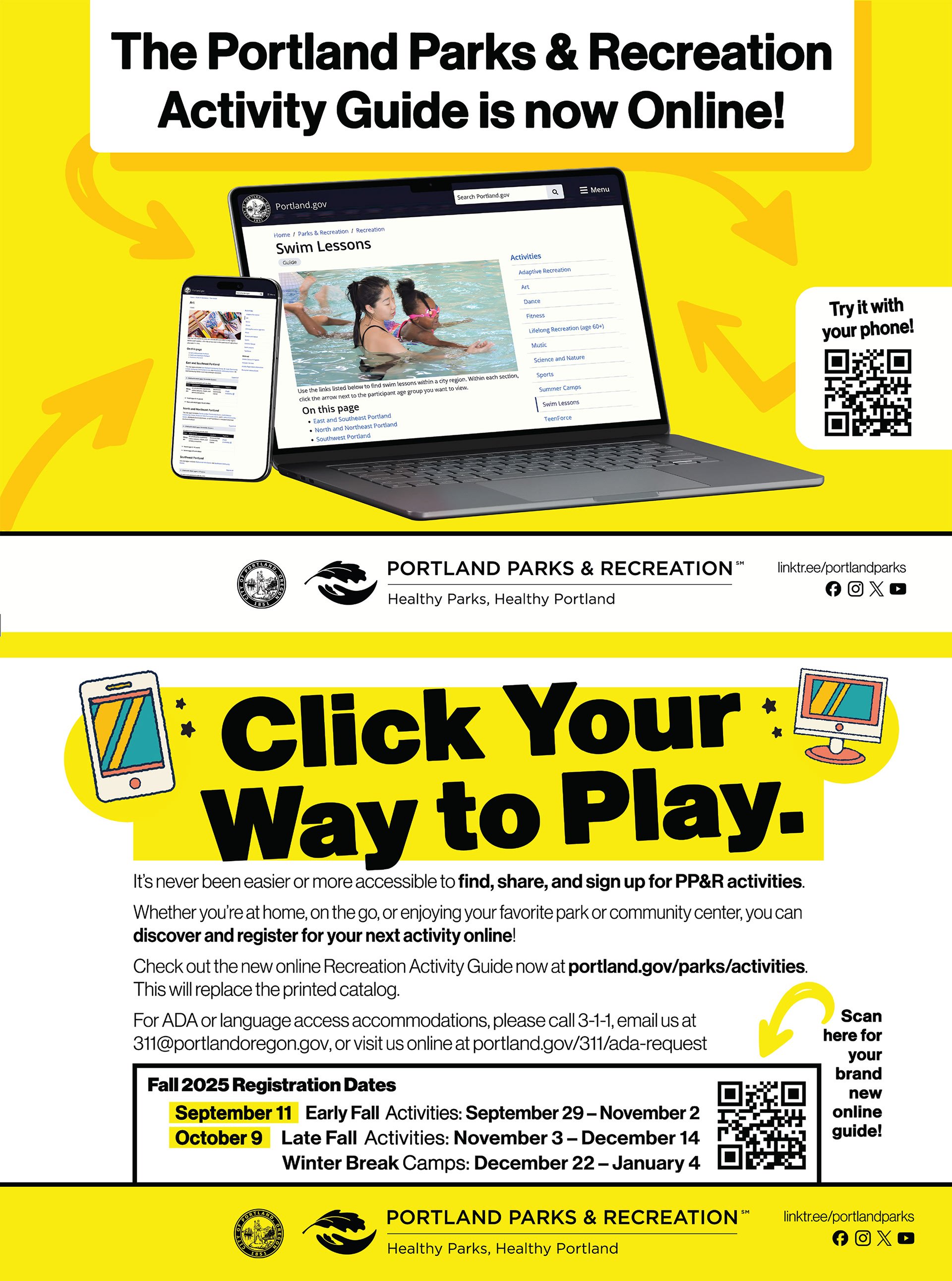 A colorful flyer promoting Portland Parks & Recreation's online activity guide, featuring images of a computer and phone, with information about registration dates for fall and winter activities, and QR codes for accessing the guide.