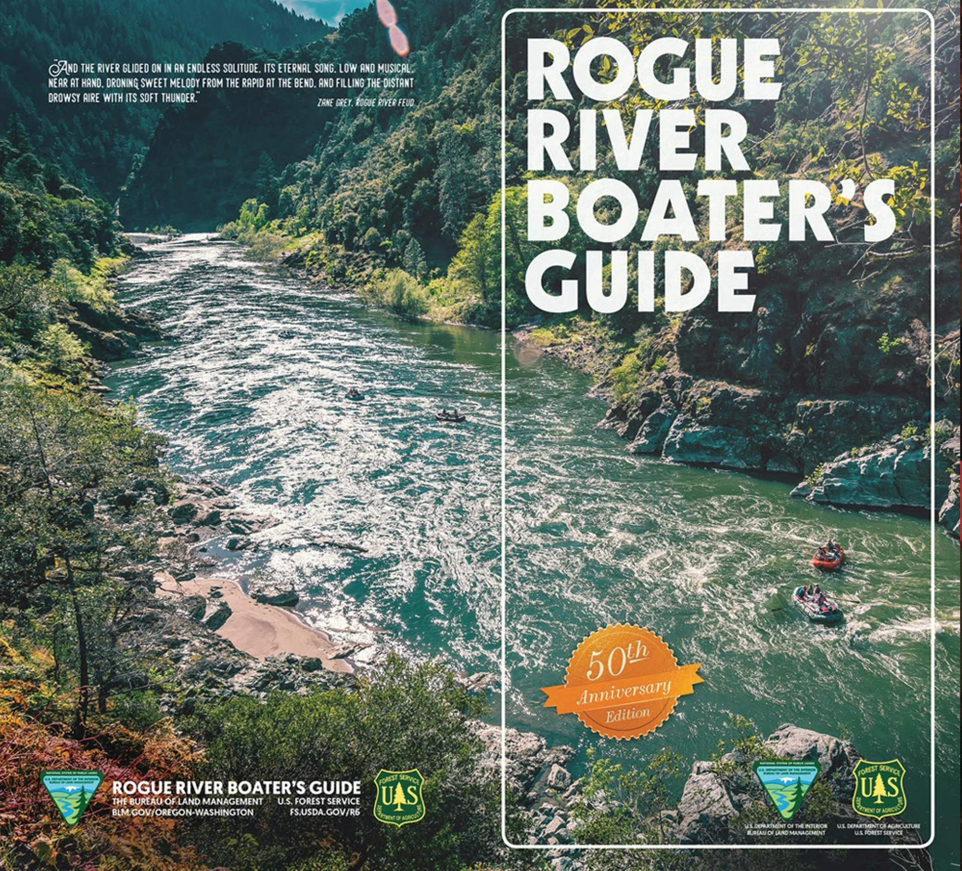 Cover of Rogue River Boater's Guide featuring a scenic river with kayaks and lush green forested cliffs on both sides, marked with a 50th anniversary badge.