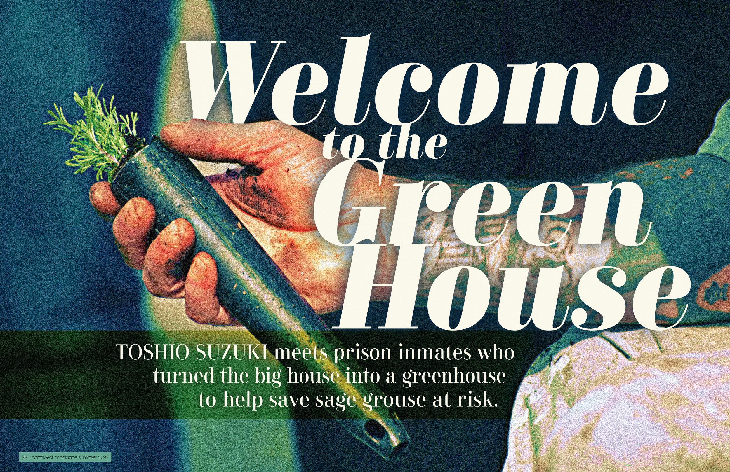 Northwest magazine summer 2017 featuring a tattooed person's arm holding a garden tool with a small sage plant, overlaid with large text reading 'Welcome to the Green House' and a subheading about Toshio Suzuki and prison inmates turning a house into