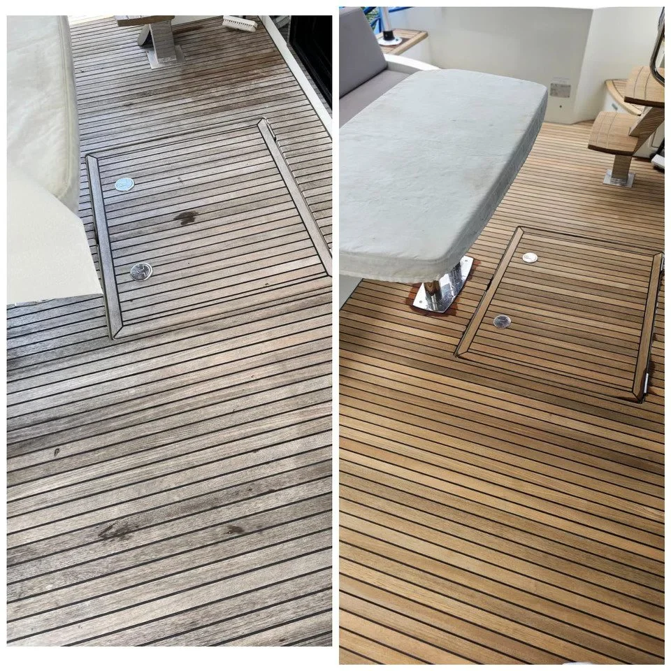 Comparison of wooden deck flooring, sun-bleached on the left and new on the right, with metal floor hatches, a table, and indoor furniture.