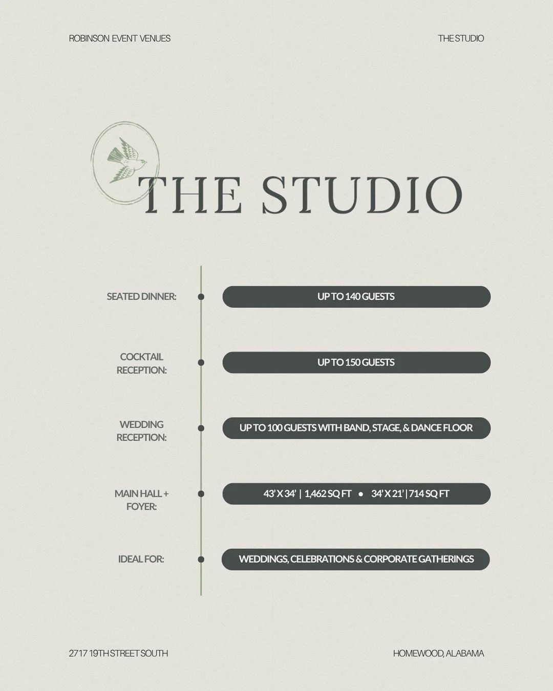 The Studio: your place for personalized and intimate events 🤍

For the couple that wants their wedding to be intimate without feeling small. 

For the rehearsal dinner that sets the tone for the whole weekend. 

For the corporate gathering that brin