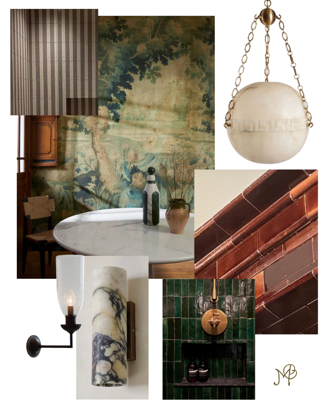 Collage of interior decor elements including patterned wallpaper, a vintage tapestry, a marble dining table with vases, a modern wall sconce, a brass ceiling pendant light, green tiled wall, red brick wall, and decorative accessories, with a signature at the bottom right corner.