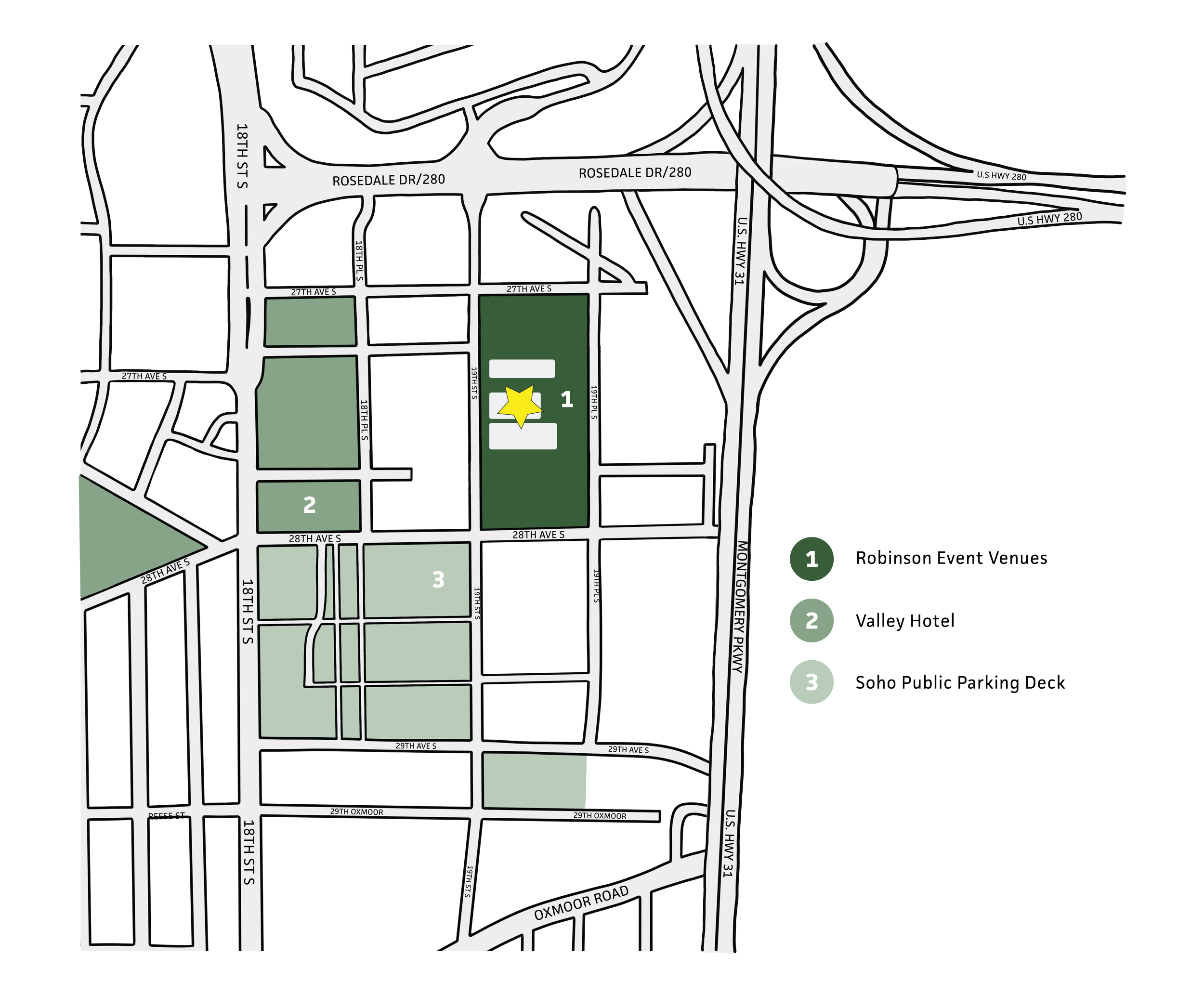 Map showing locations for Robinson Event Venues, Valley Hotel, and Soho Public Parking Deck in an urban area with streets, highways, and green spaces.
