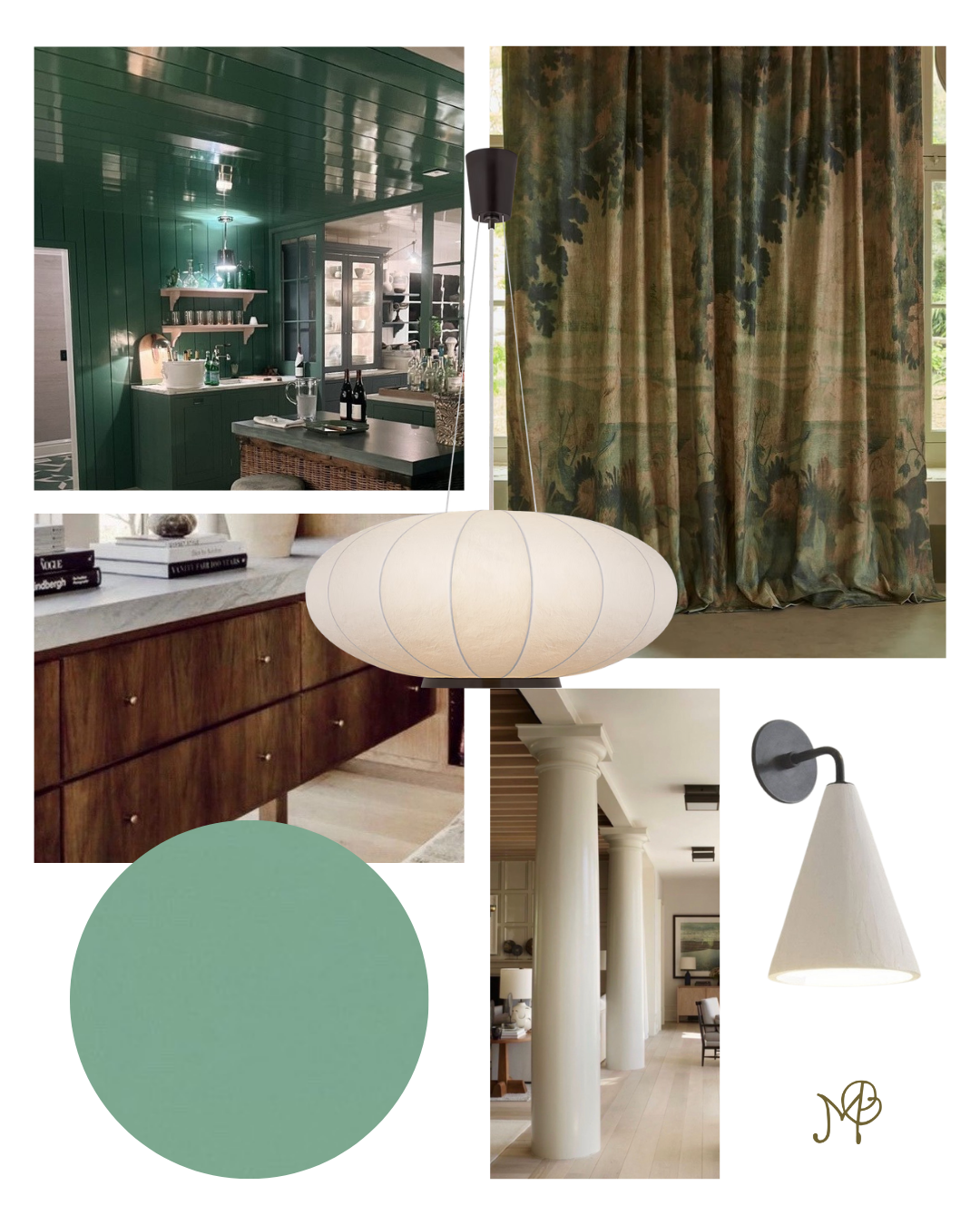 Interior design mood board featuring green paneled walls in the kitchen, floral curtain, wooden sideboard, colonial style columns, modern wall sconce, large paper lantern, and a color palette of muted green.